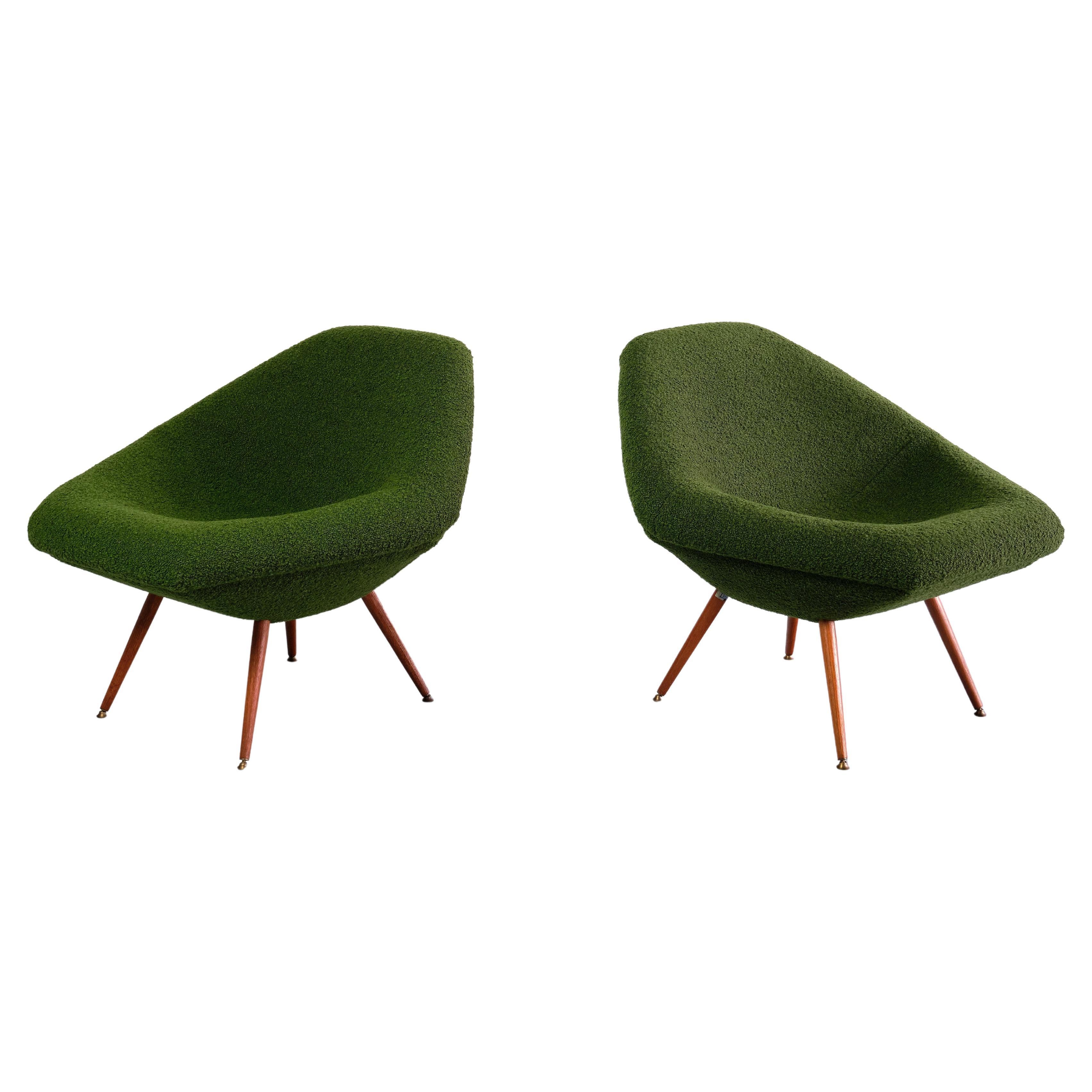 Pair of Arne Dahlén Lounge Chairs in Green Bouclé and Teak, Sweden, 1960s