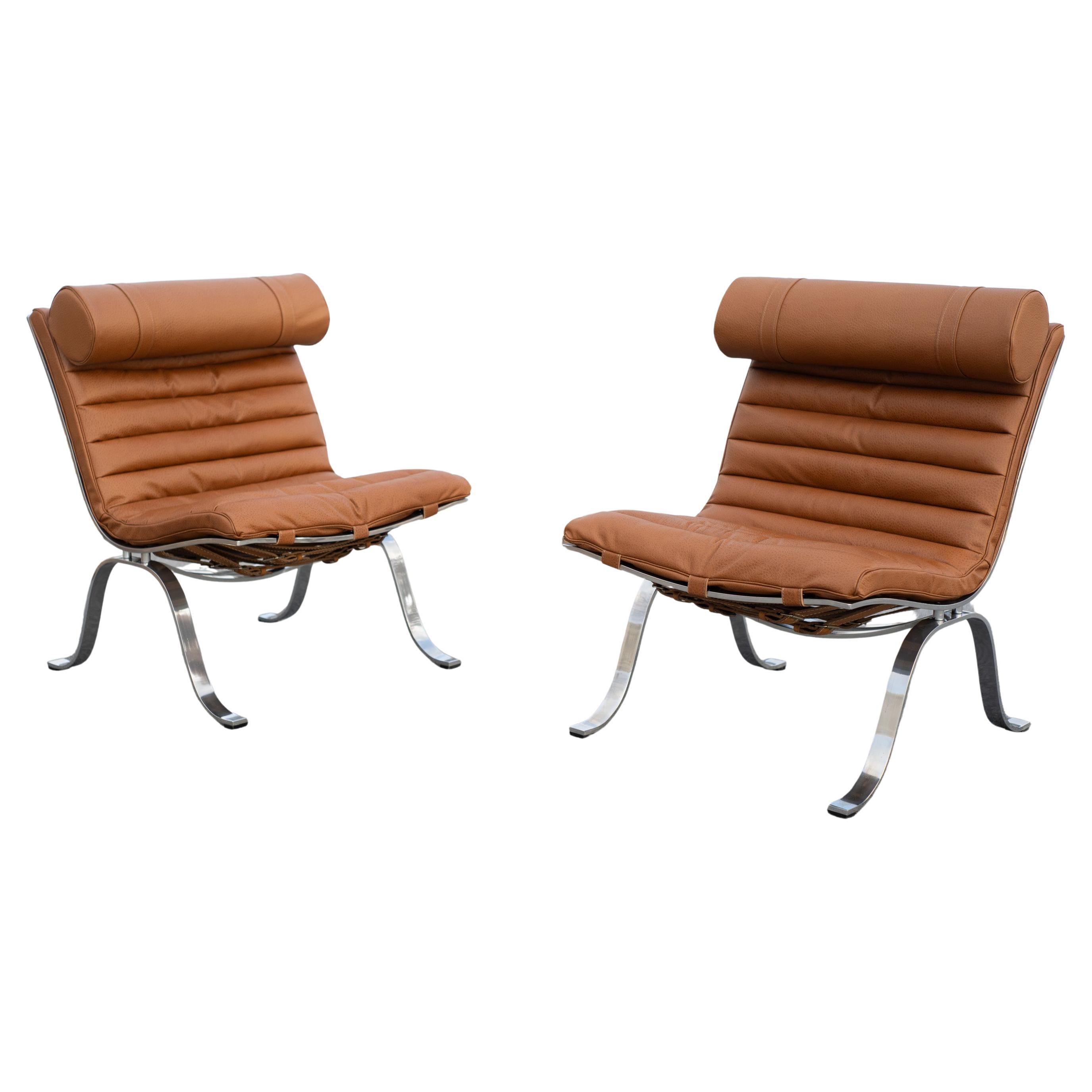 Pair of Arne Norell "Ari" Ariet Lounge Chairs Cognac Leather & Chromed Steel