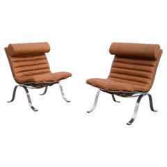 Pair of Arne Norell "Ari" Ariet Lounge Chairs Cognac Leather & Chromed Steel