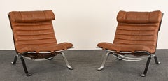 Pair of Arne Norell "Ari" Lounge Chairs in Cognac Leather & Steel, Sweden 1960s