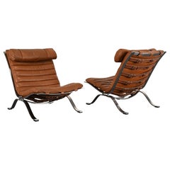 Pair of Arne Norell "Ari" Lounge Chairs in Cognac Leather & Steel, Sweden 1960s