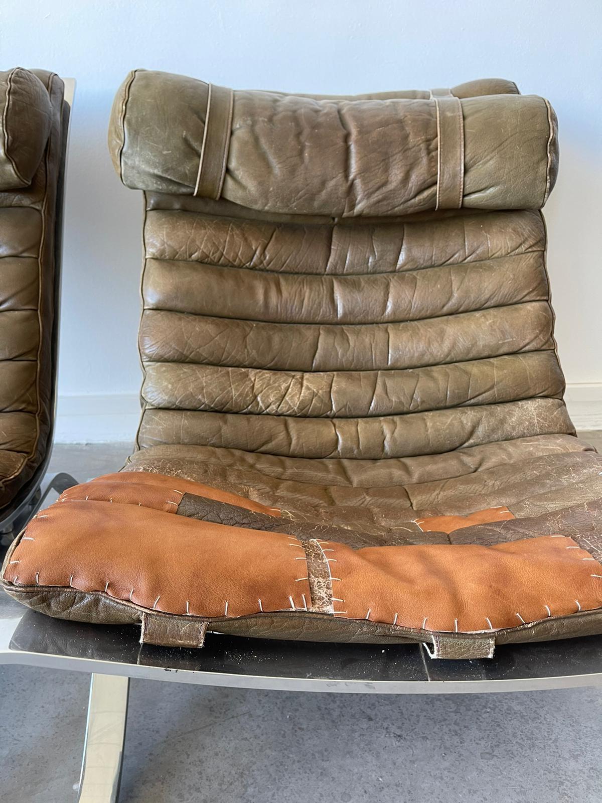 Swedish Pair of Arne Norell Brown Leather and Steel Ari Lounge Chairs For Sale
