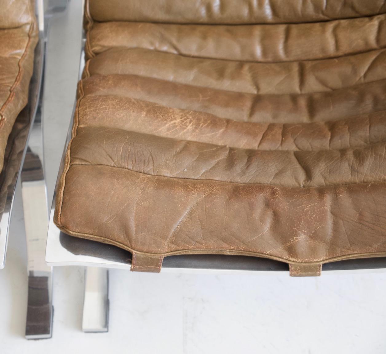 Pair of Arne Norell Brown Leather and Steel Ari Lounge Chairs For Sale 1