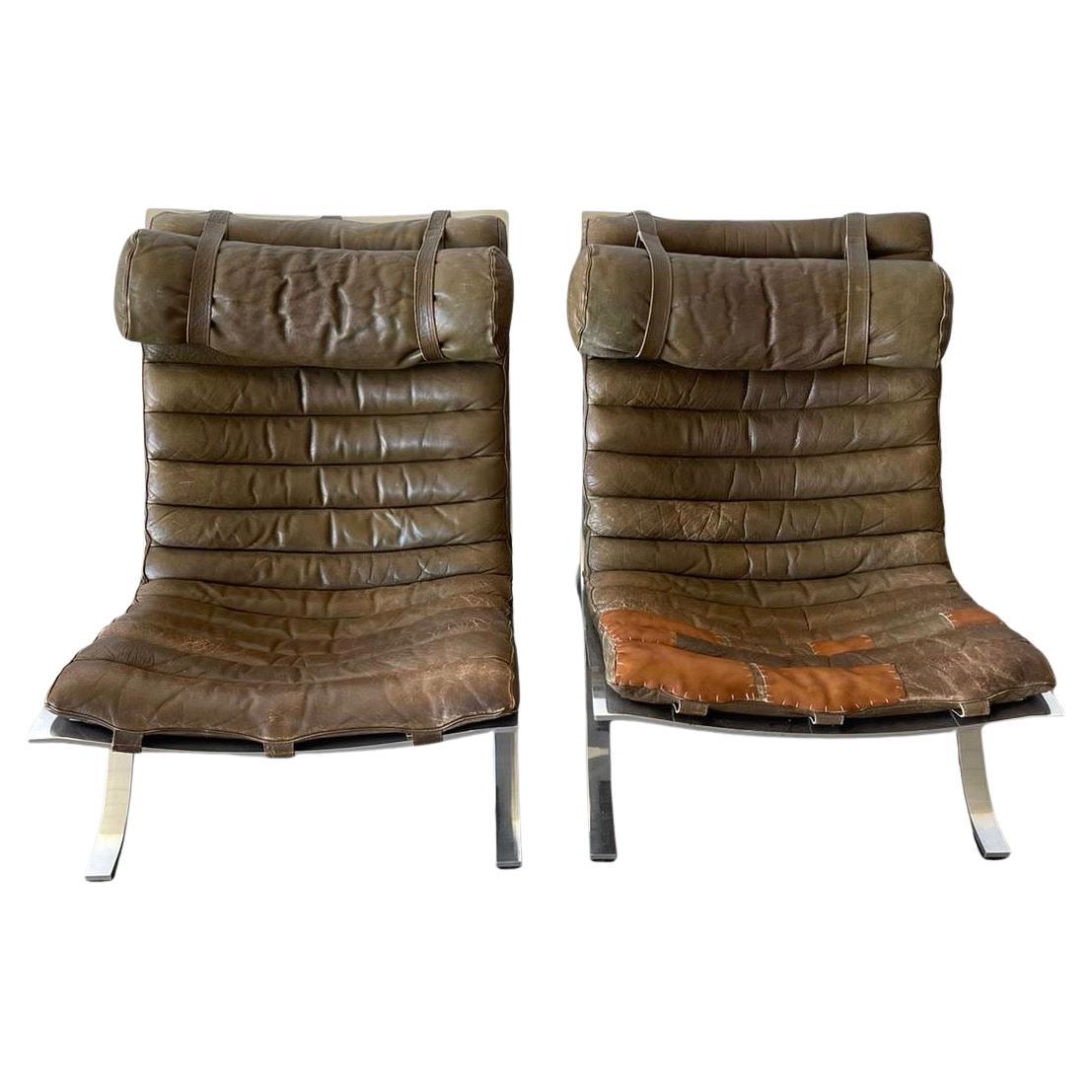 Pair of Arne Norell Brown Leather and Steel Ari Lounge Chairs