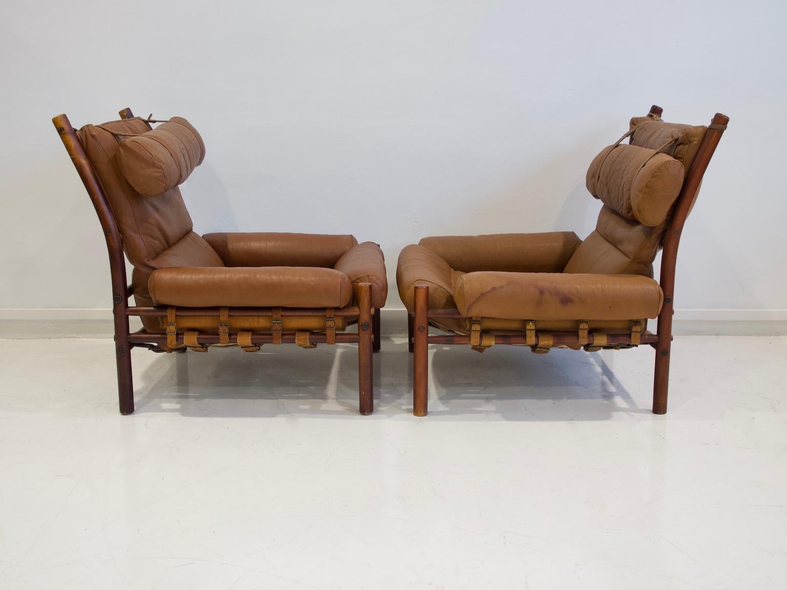 Scandinavian Modern Pair of Arne Norell Brown Leather Inca Lounge Chairs