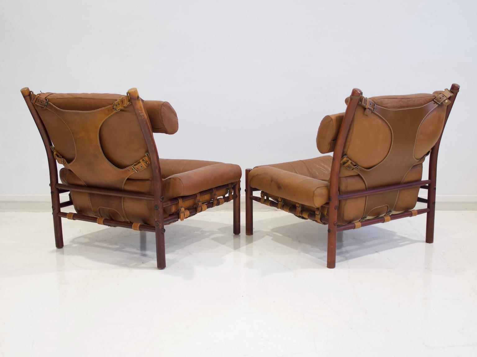 Swedish Pair of Arne Norell Brown Leather Inca Lounge Chairs