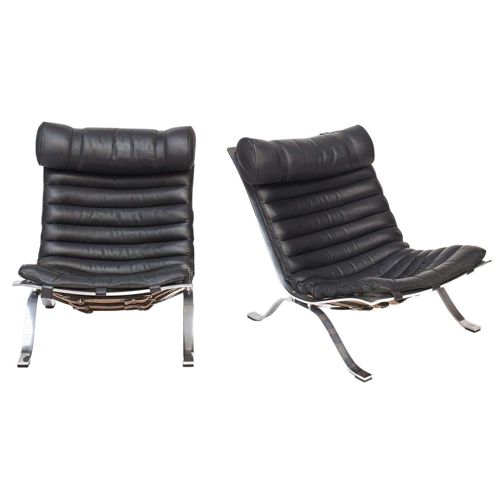 Arne Norell 1917-1971. (Price for a pair)
Pair of Ari easy chairs designed and produced by Arne Norell in Solna, Sweden.
Made in chromed steel and black leather upholstery.

Designed in 1966.
This pair is from the late 1960s.
The leather