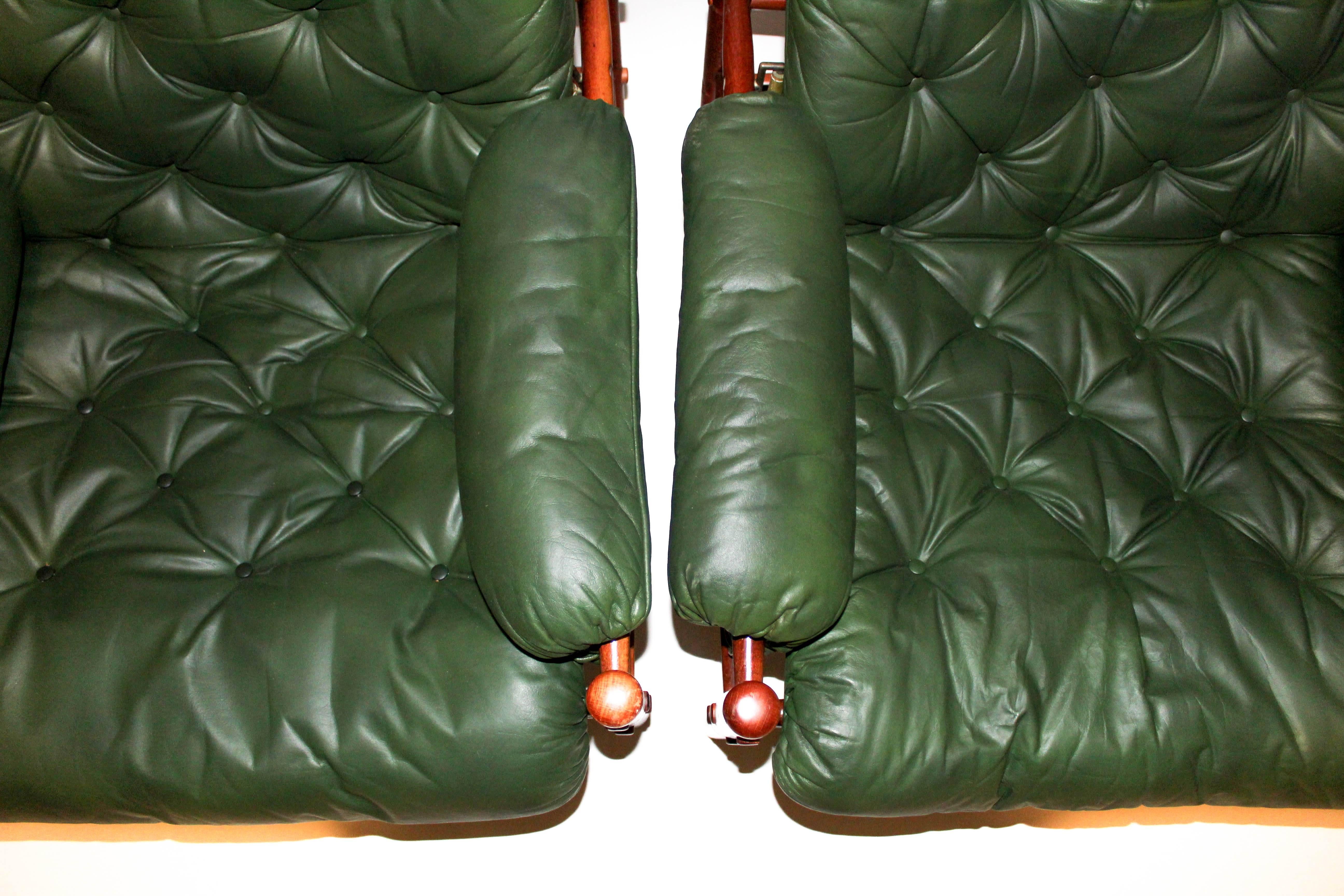 Pair of Arne Norell Green Leather Lounge Chairs 4