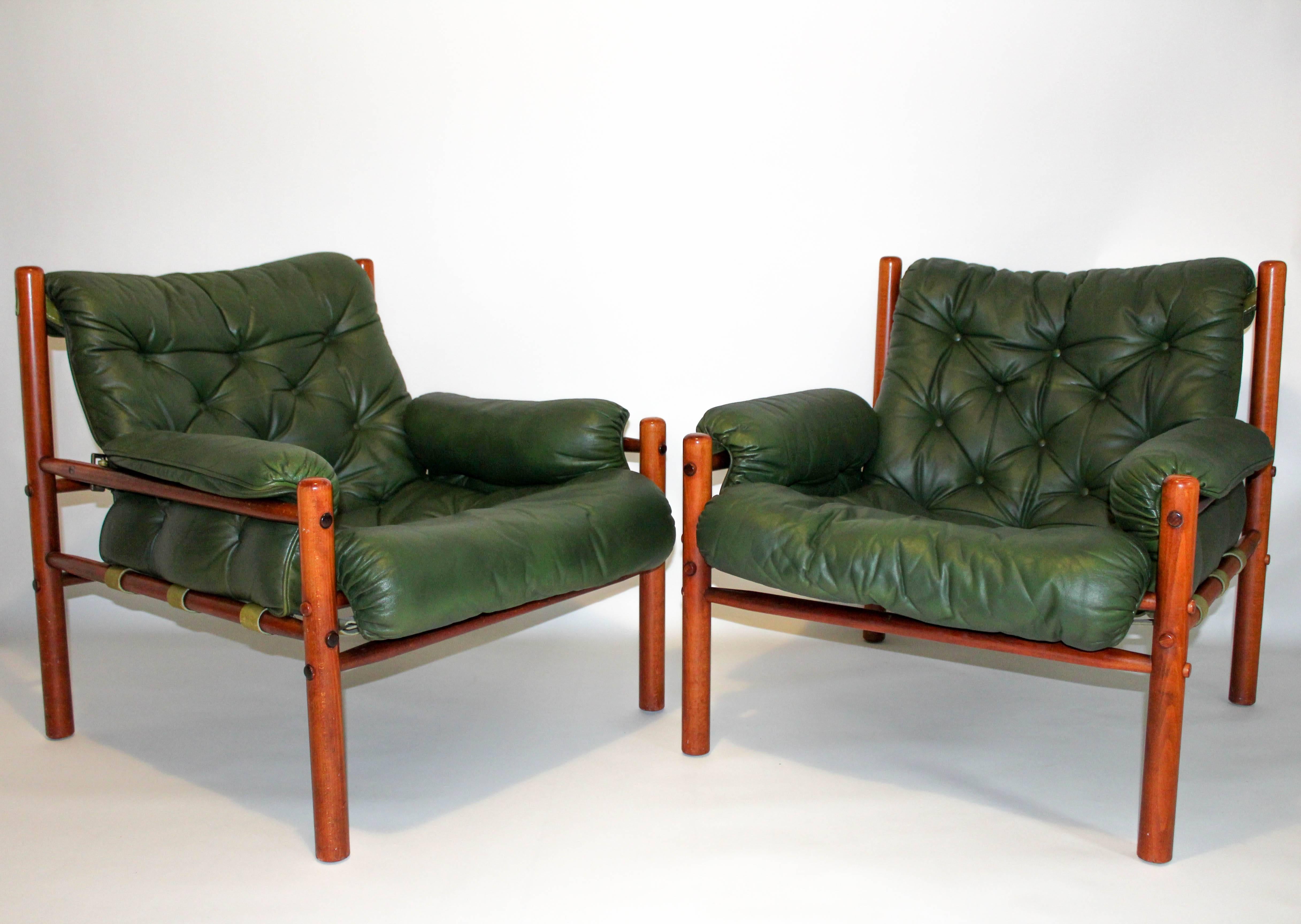 Scandinavian Modern Pair of Arne Norell Green Leather Lounge Chairs