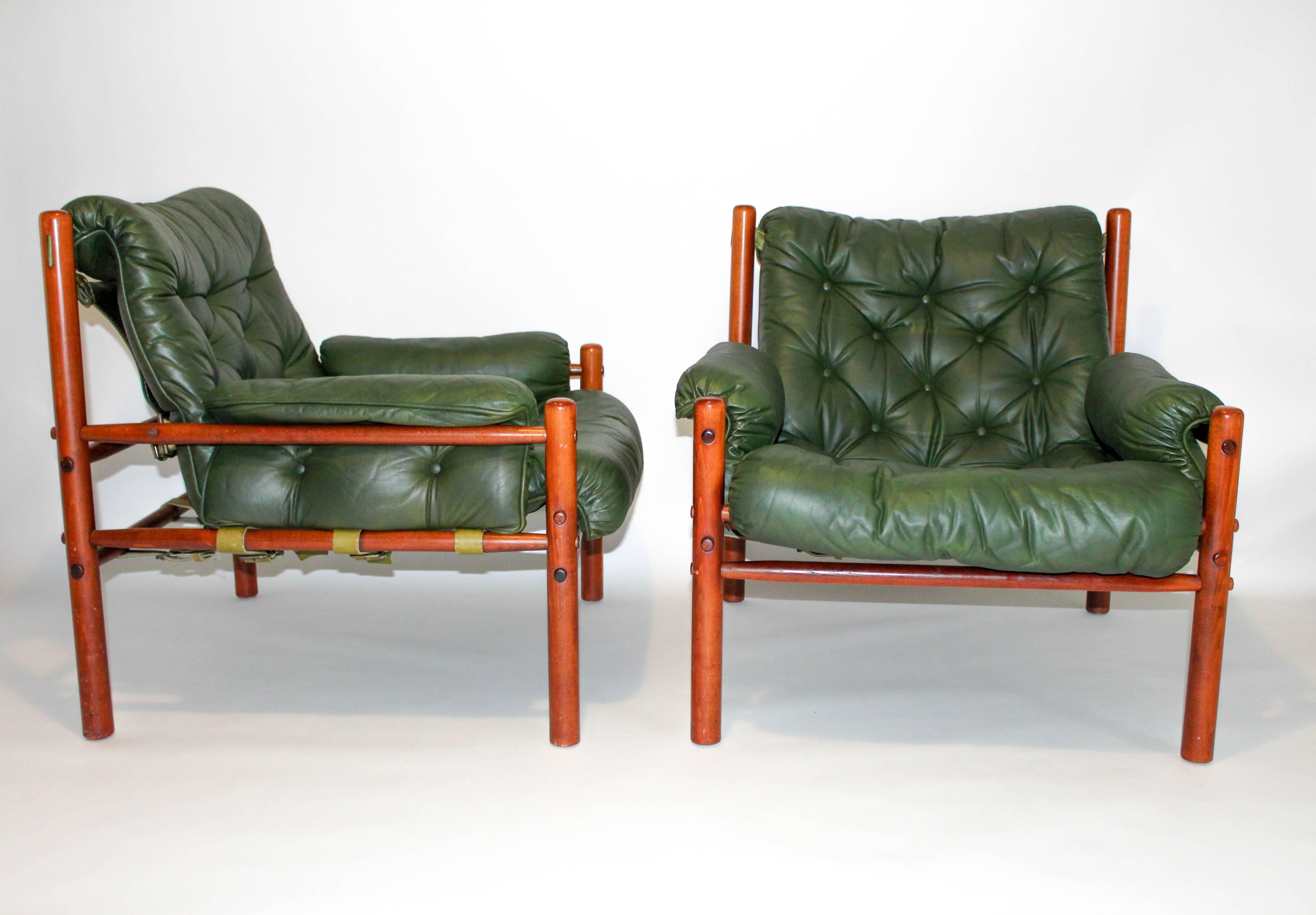 Swedish Pair of Arne Norell Green Leather Lounge Chairs