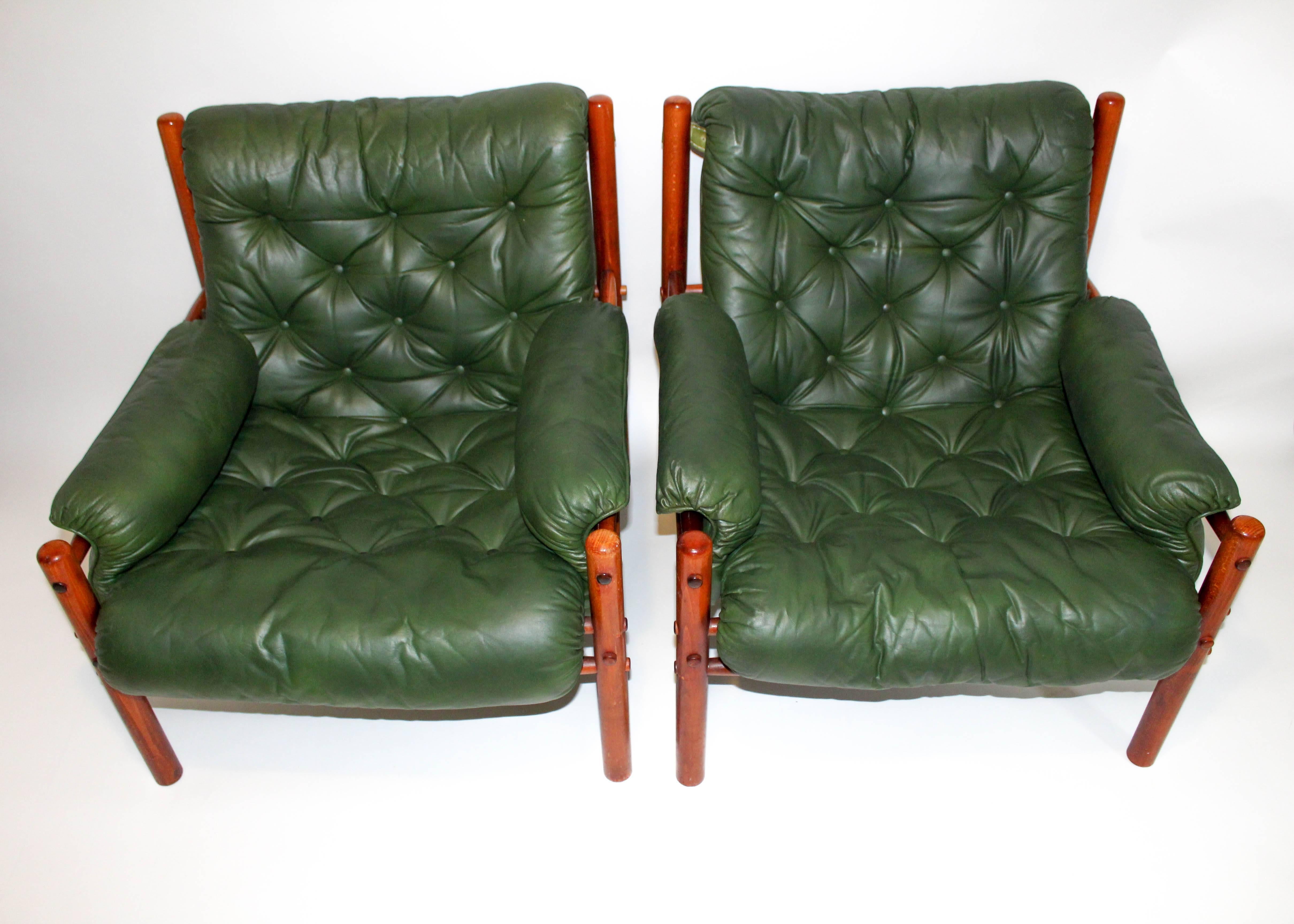 Pair of Arne Norell Green Leather Lounge Chairs In Good Condition In Malmo, SE