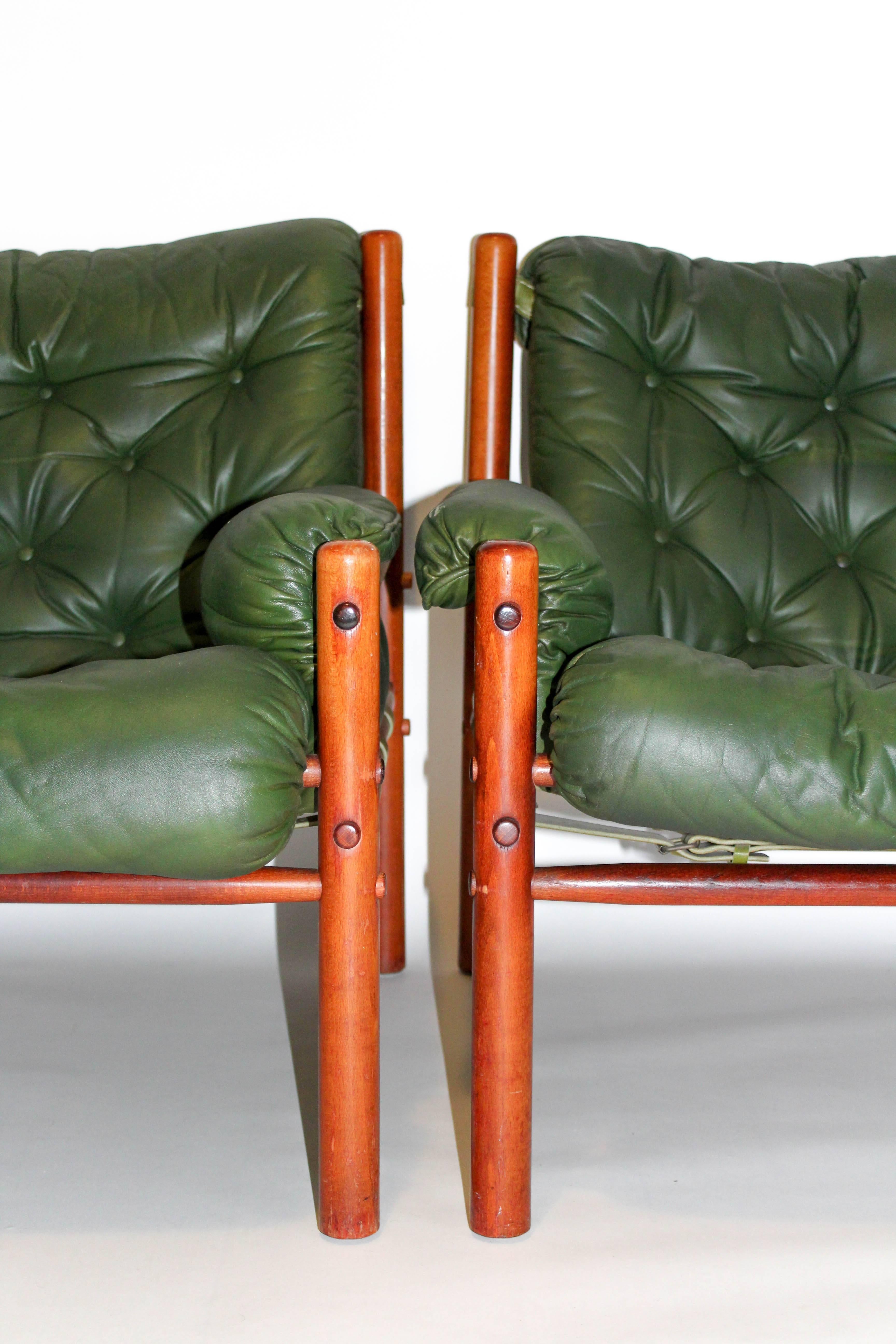 Pair of Arne Norell Green Leather Lounge Chairs 1