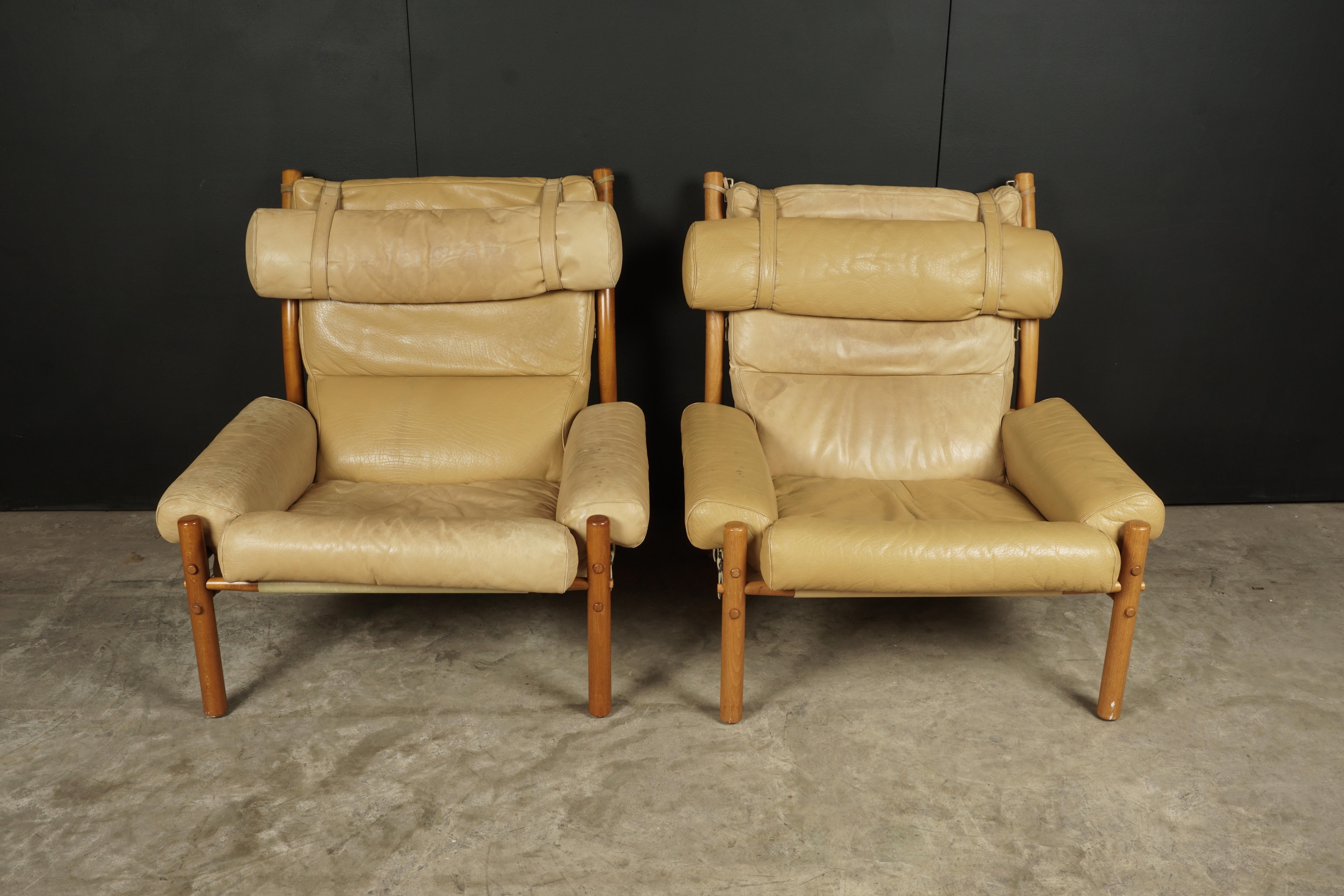 European Pair of Arne Norell Lounge Chairs with Foot Stools, Model Inca, circa 1960