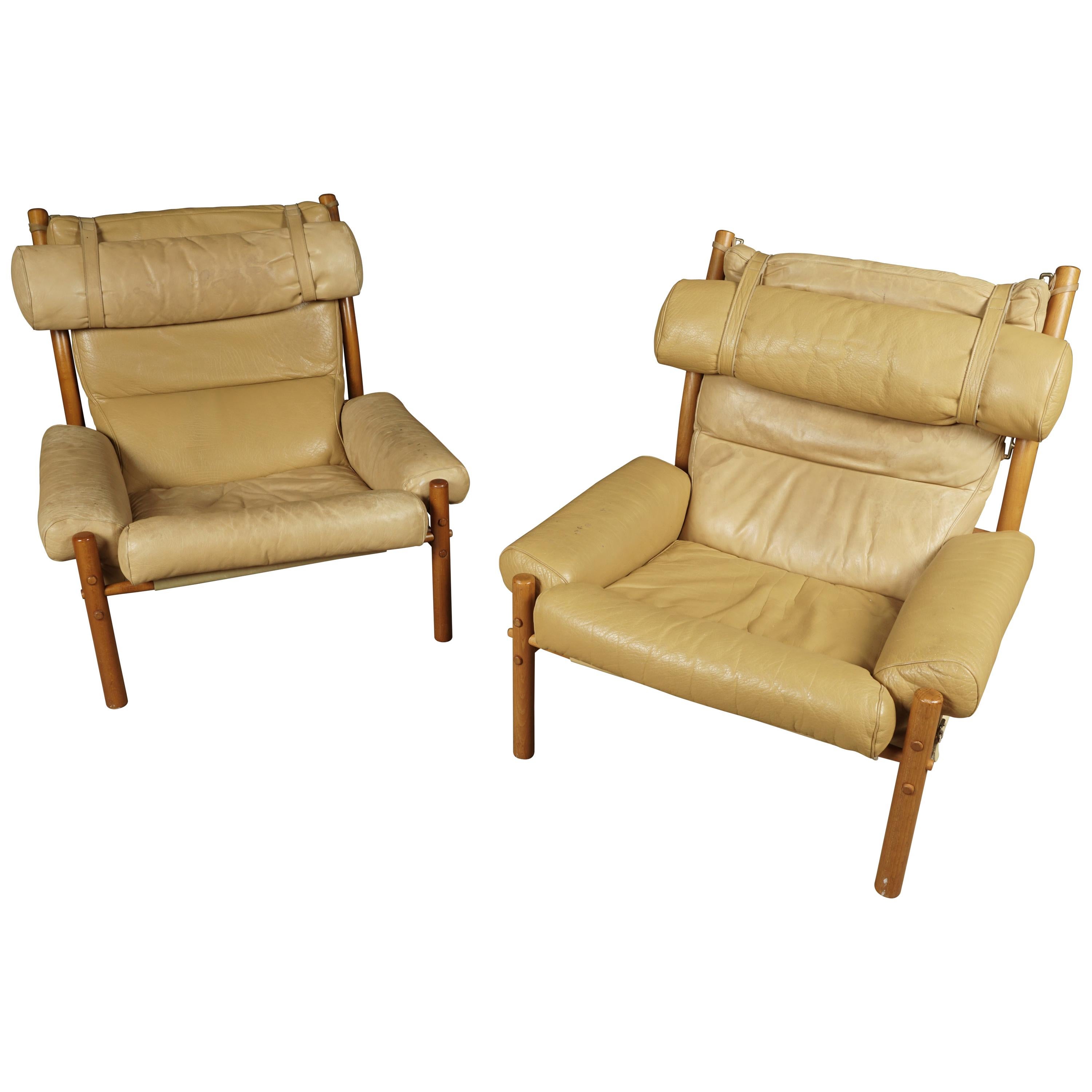 Pair of Arne Norell Lounge Chairs with Foot Stools, Model Inca, circa 1960