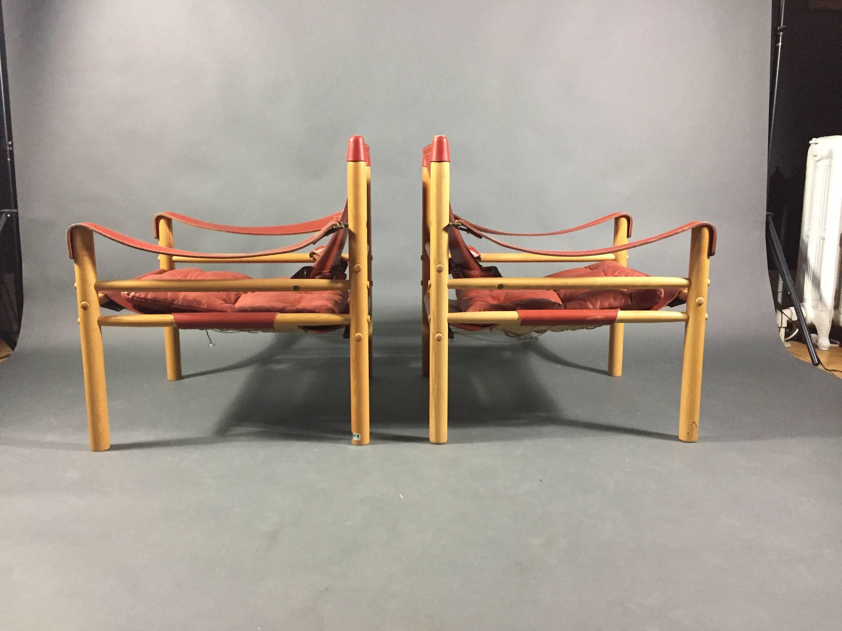 Swedish Pair of Arne Norell Red or Orange Leather Sirocco Chairs, Sweden For Sale