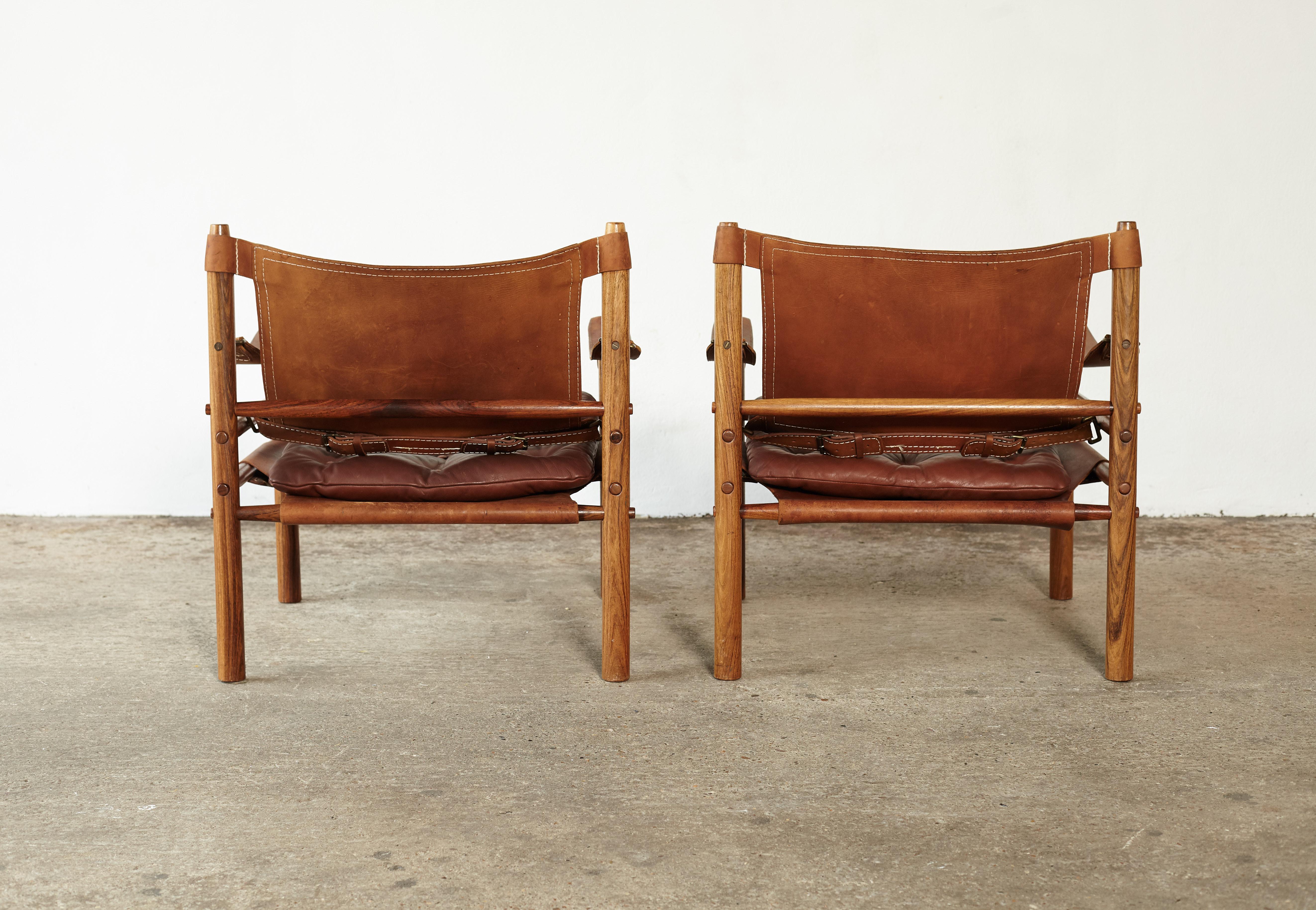 Leather Pair of Arne Norell Rosewood Safari Chairs, Sweden, 1970s