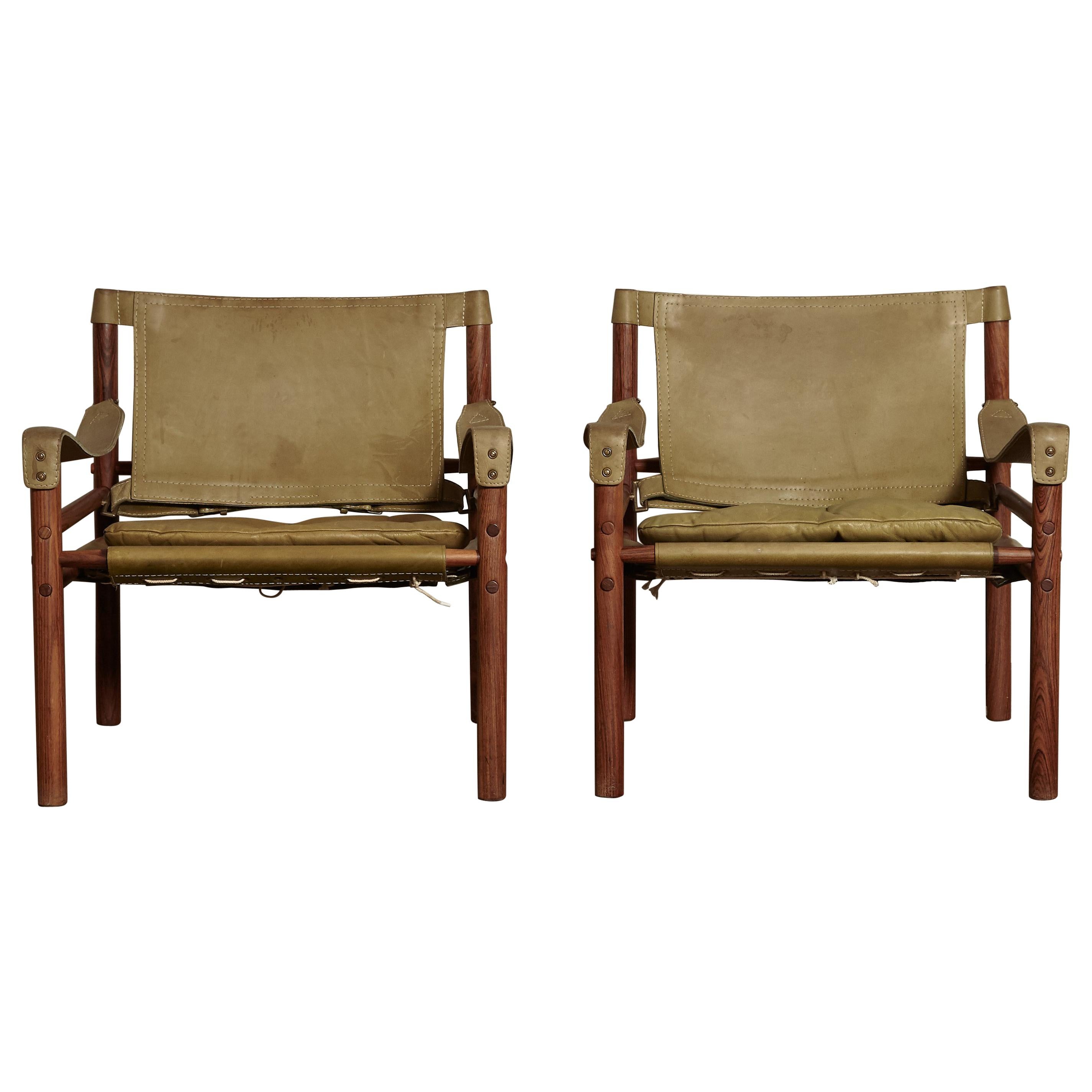 Pair of Arne Norell Safari Chairs, Green Leather, Sweden, 1970s