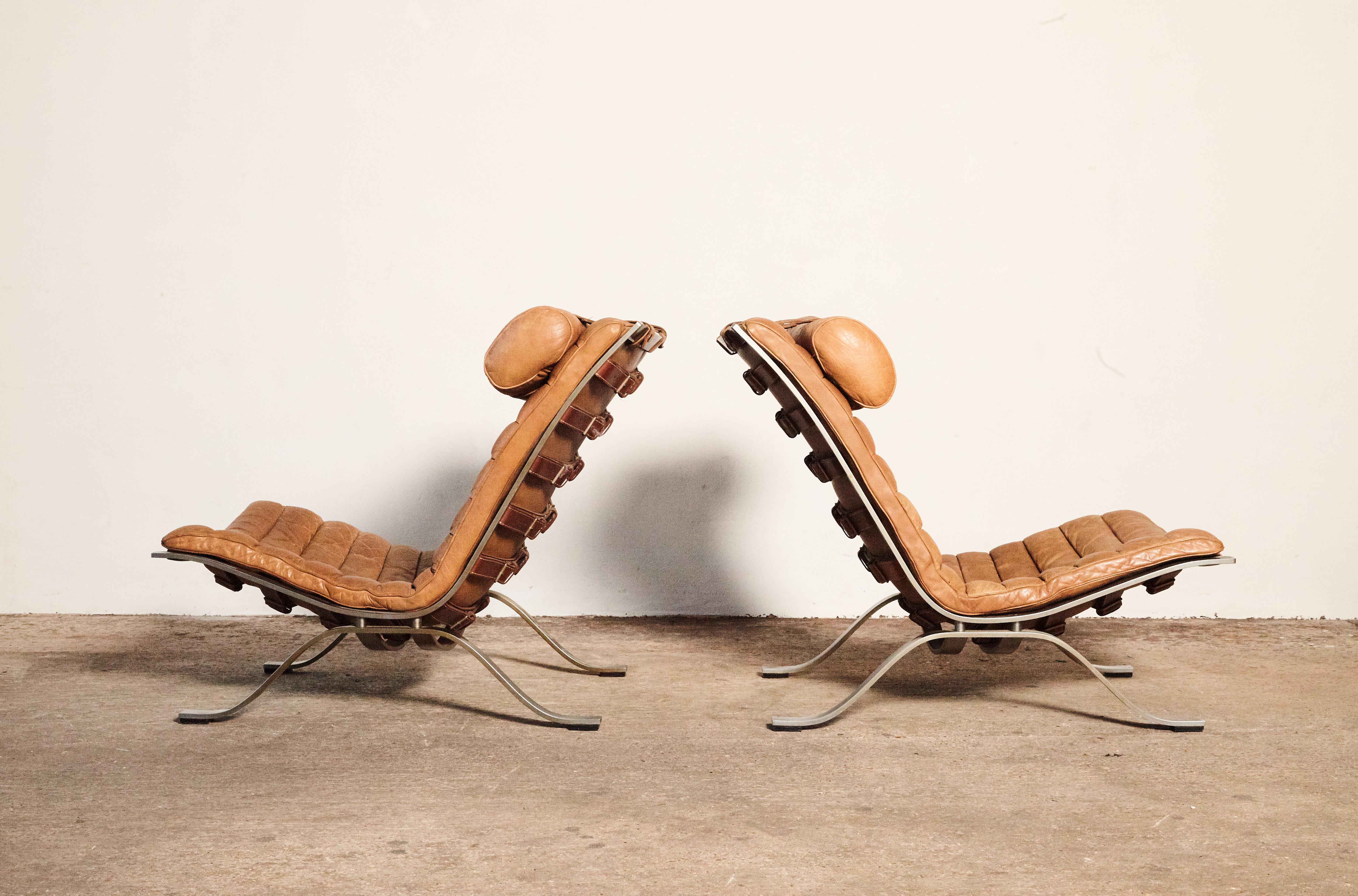 Mid-Century Modern Pair of Arne Norell Tan Leather Ari Chairs, Norell Mobler, Sweden, 1970s