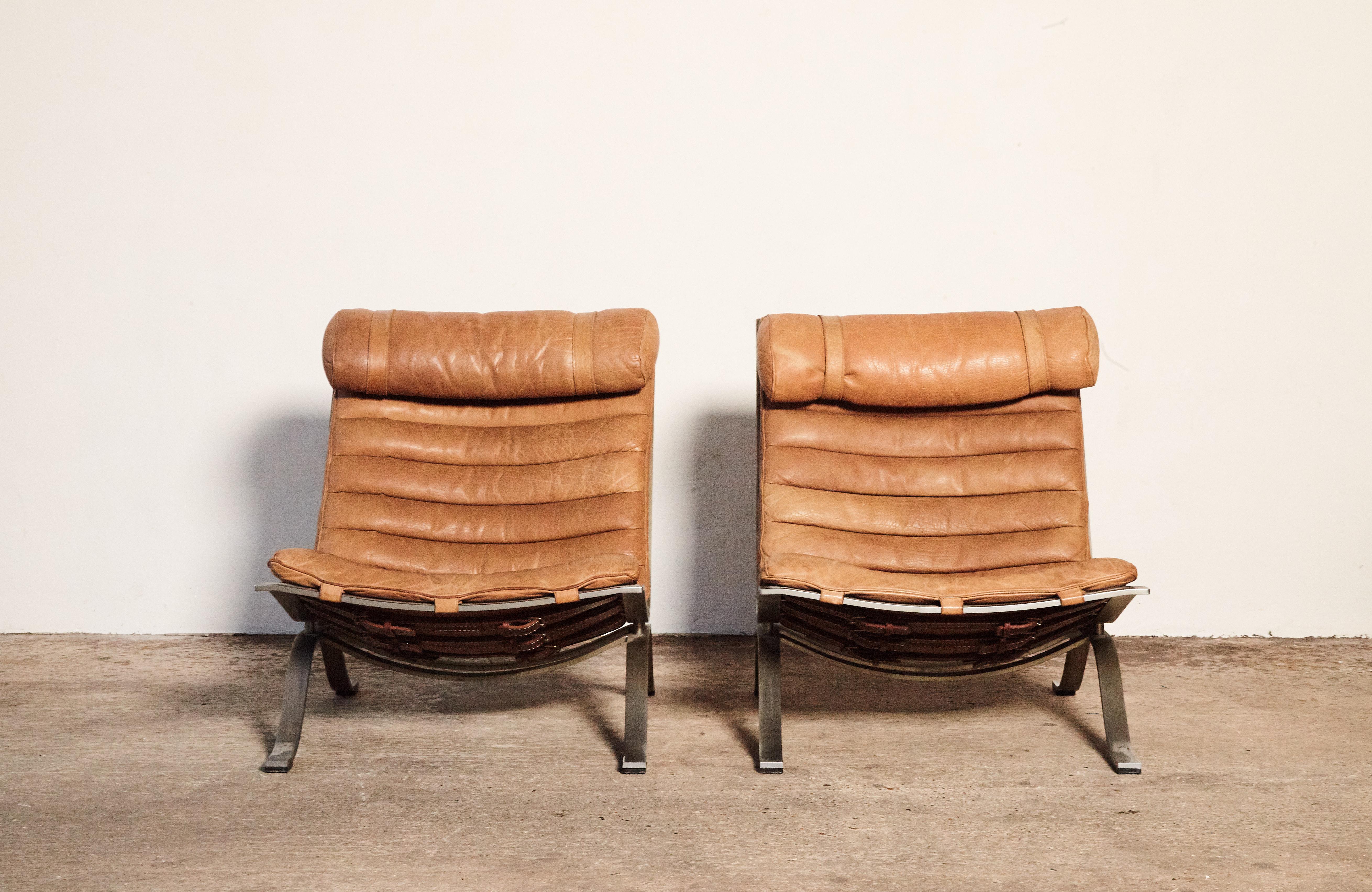 Swedish Pair of Arne Norell Tan Leather Ari Chairs, Norell Mobler, Sweden, 1970s
