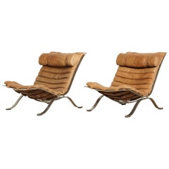 Pair of Arne Norell Tan Leather Ari Chairs, Norell Mobler, Sweden, 1970s Pair of Arne Norell Tan Leather Ari Chairs, Norell Mobler, Sweden, 1970s