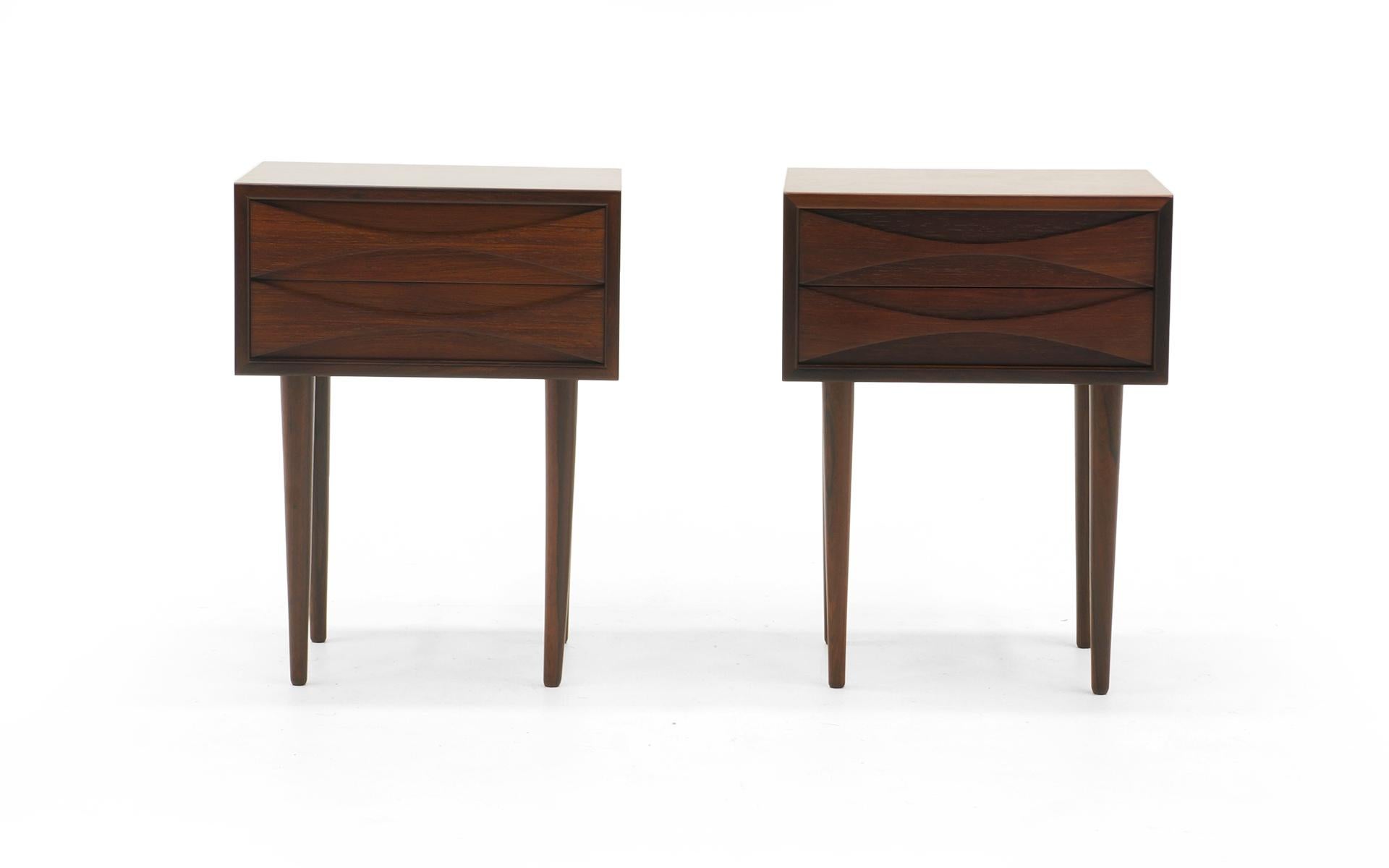 Rare pair of Arne Vodder Danish modern, Brazilian rosewood side / night tables. Expertly refinished. Small, tall scale.