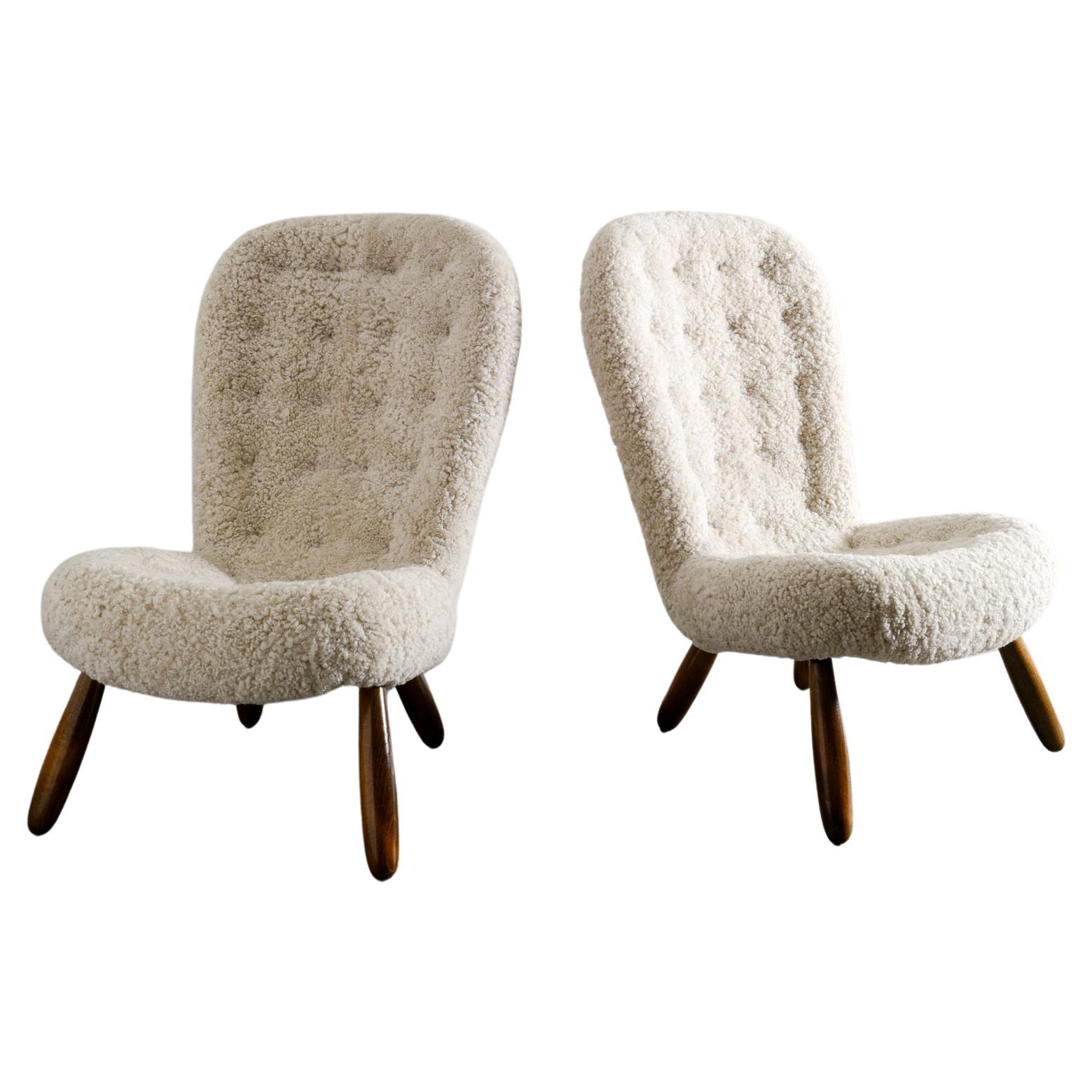 Pair of Arnold Madsen "Clam Chairs" in Sheepskin Produced in Denmark, 1940s 