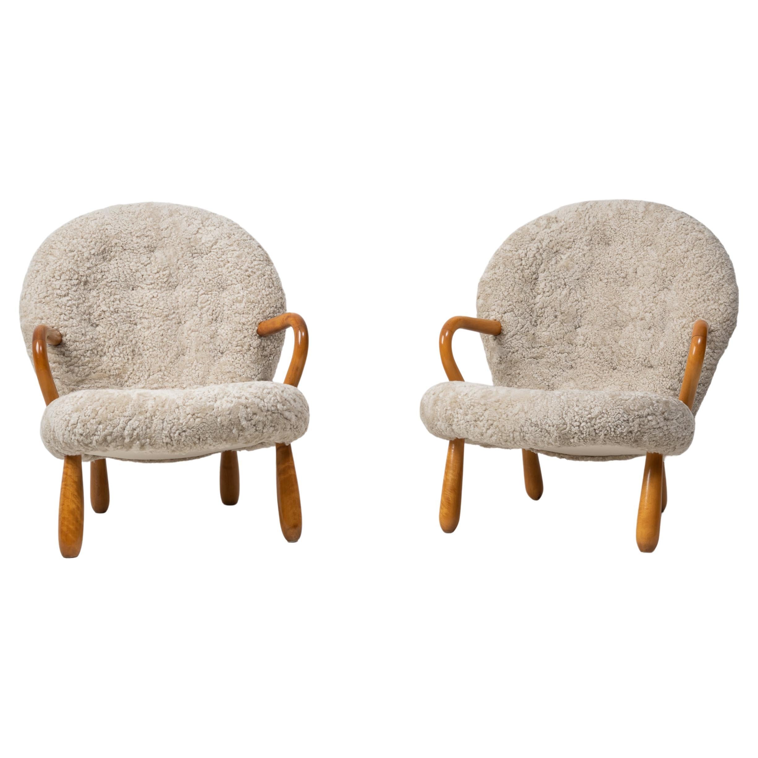 Pair of Arnold Madsen Sheepskin Muslinge 'Clam' Chairs For Sale at 1stDibs