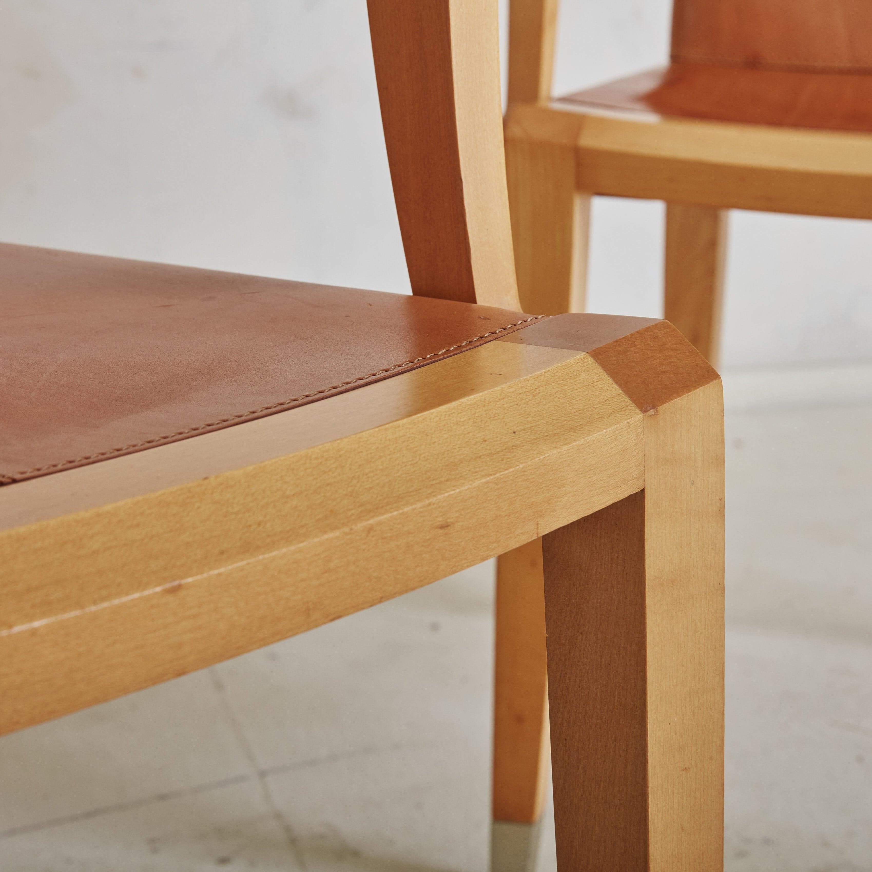 Italian Pair of ‘Aro’ Leather + Cherry Wood Armchairs by Chi Wing Lo for Giorgetti For Sale