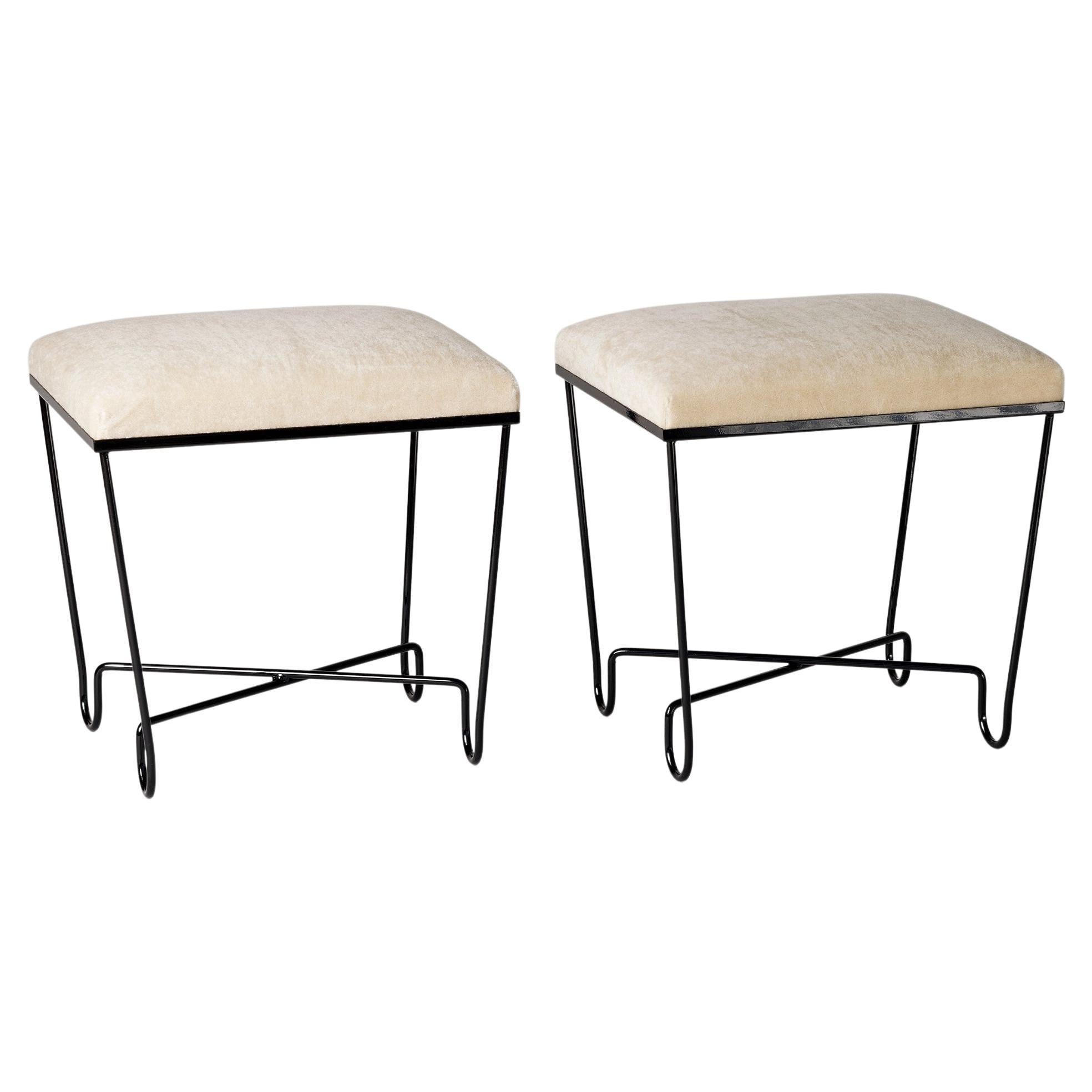 Pair of Aronde Black Steel and White Mohair Benches by Facto Atelier Paris