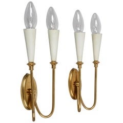 Retro Pair of Arredoluce Midcentury Brass and White Aluminium Italian Sconces, 1950s