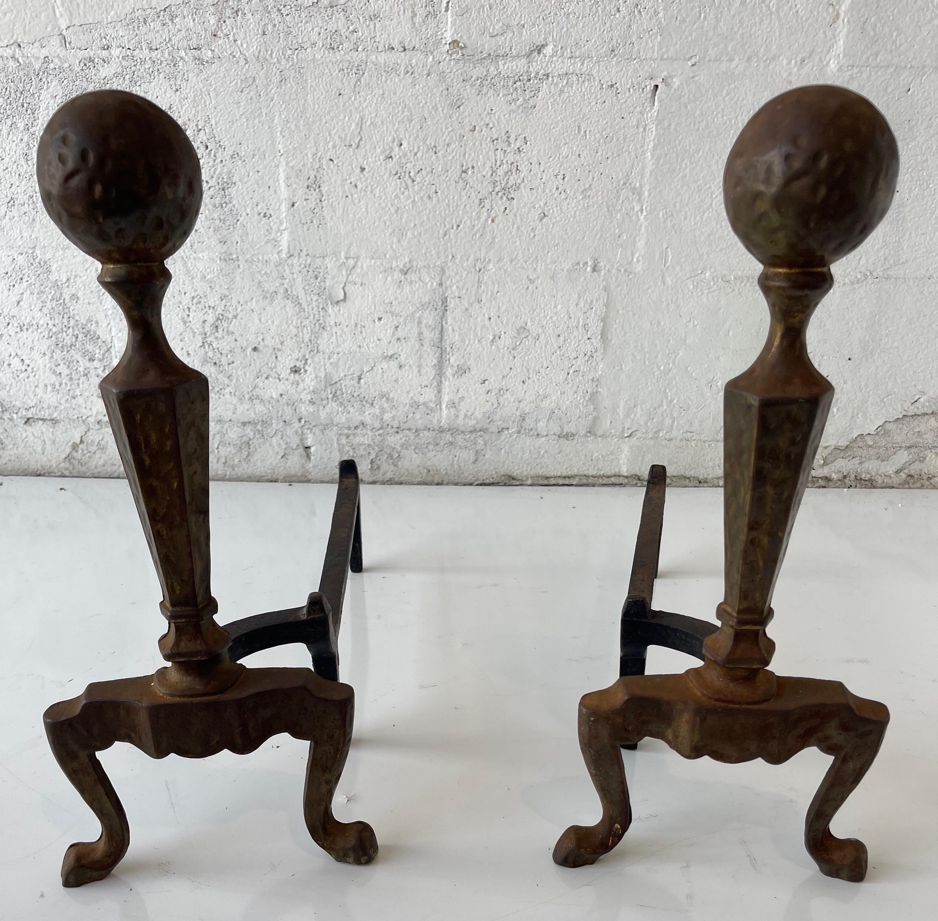 Mid-20th Century Pair of Art & Craft Hammered Cast Iron Andirons For Sale