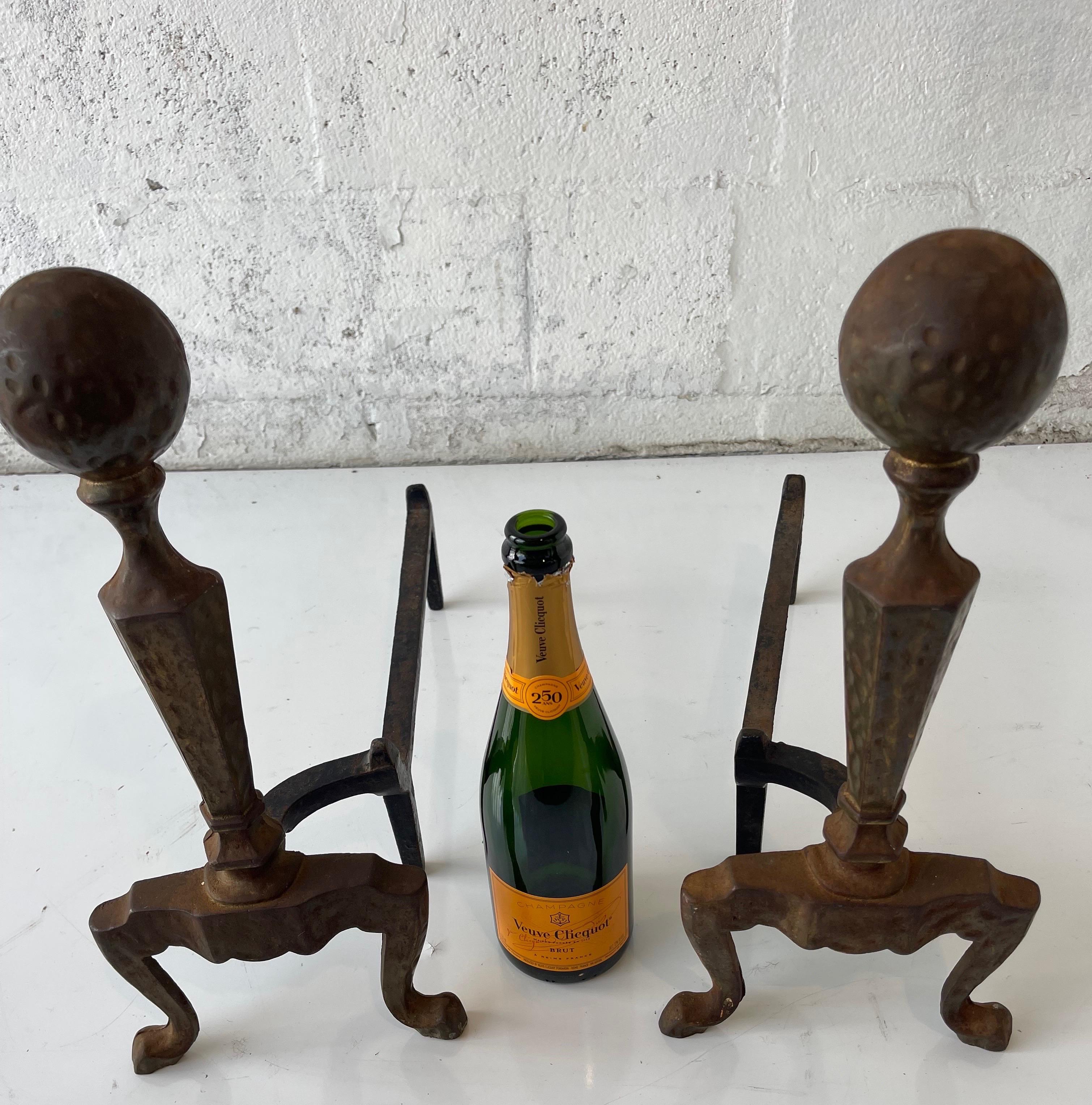 Pair of Art & Craft Hammered Cast Iron Andirons For Sale 1