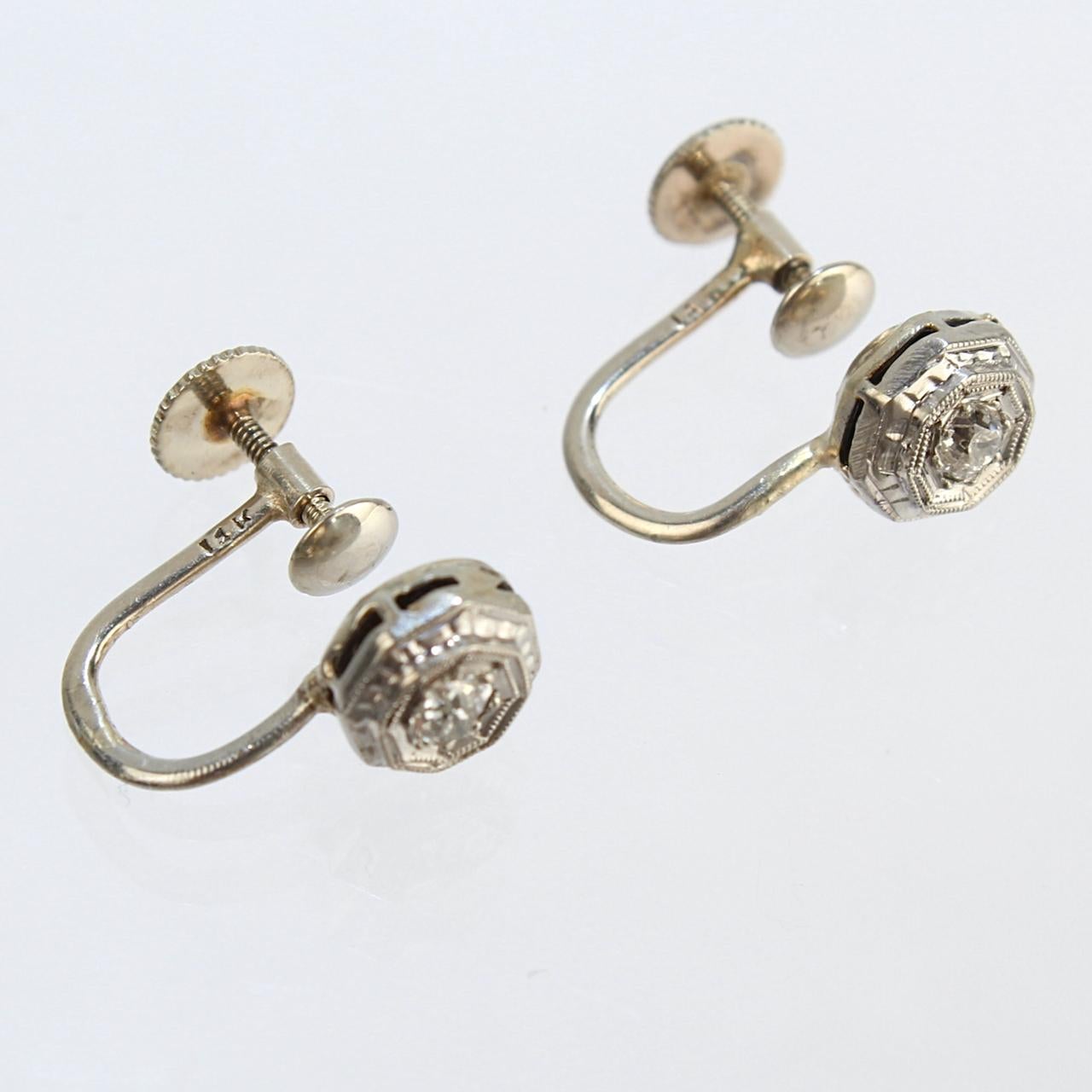 Women's or Men's Pair of Art Deco 14 Karat White Gold and Diamond Screw Back Earrings For Sale