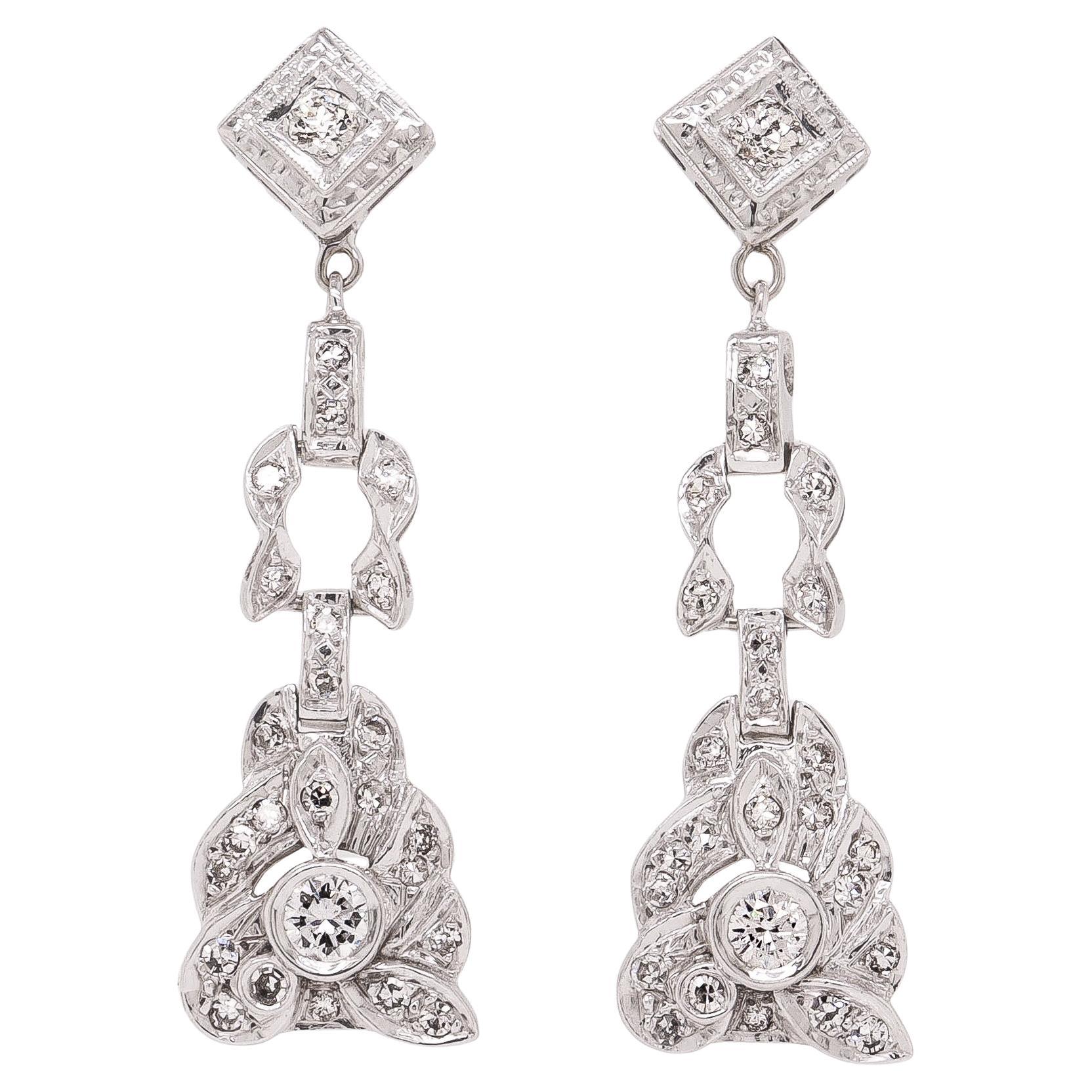 Pair of Art Deco 14K White Gold & Natural Diamond Drop Earrings