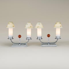 Pair of Art Deco 1940s chrome table lights with floral glass shades