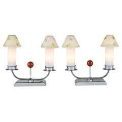 Pair of Art Deco 1940s chrome table lights with hand painted floral glass shades