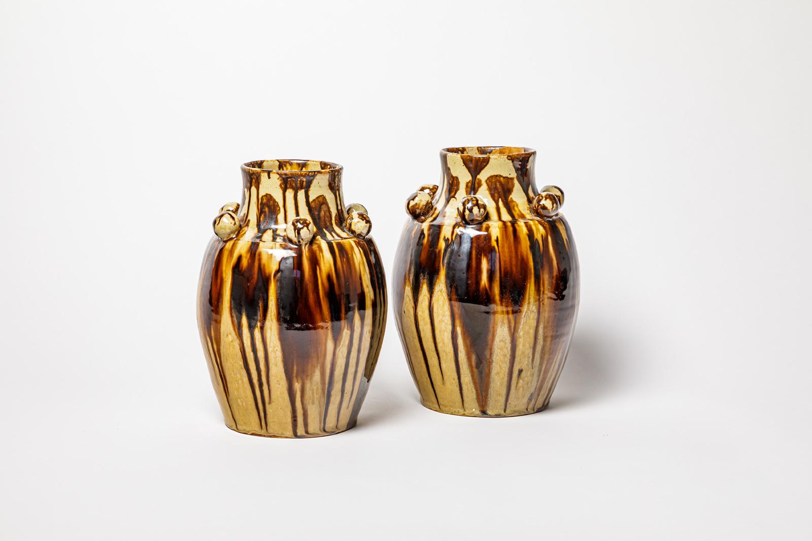 Art Deco Pair of art deco 20th century brown stoneware ceramic vases by J Talbot La Borne For Sale