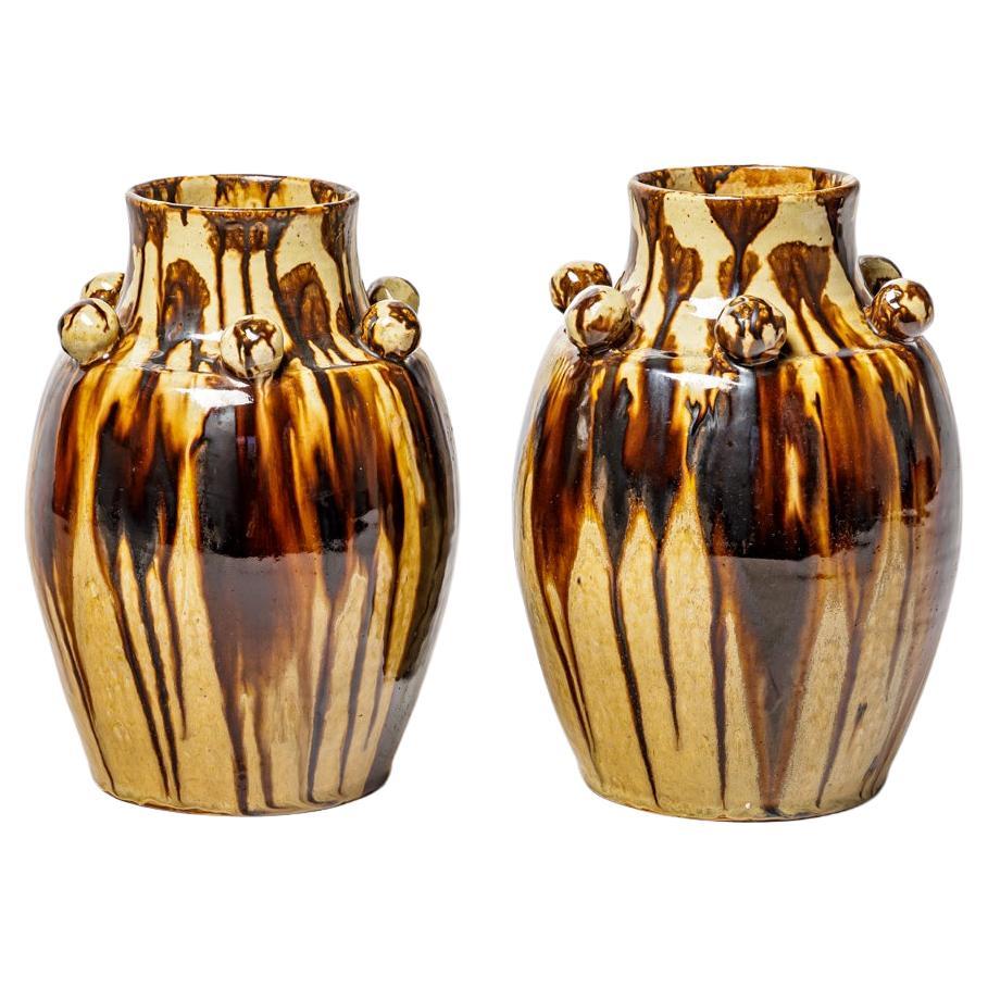 Pair of art deco 20th century brown stoneware ceramic vases by J Talbot La Borne