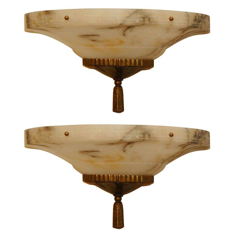 Pair of Art Deco Alabaster and Brass Sconces