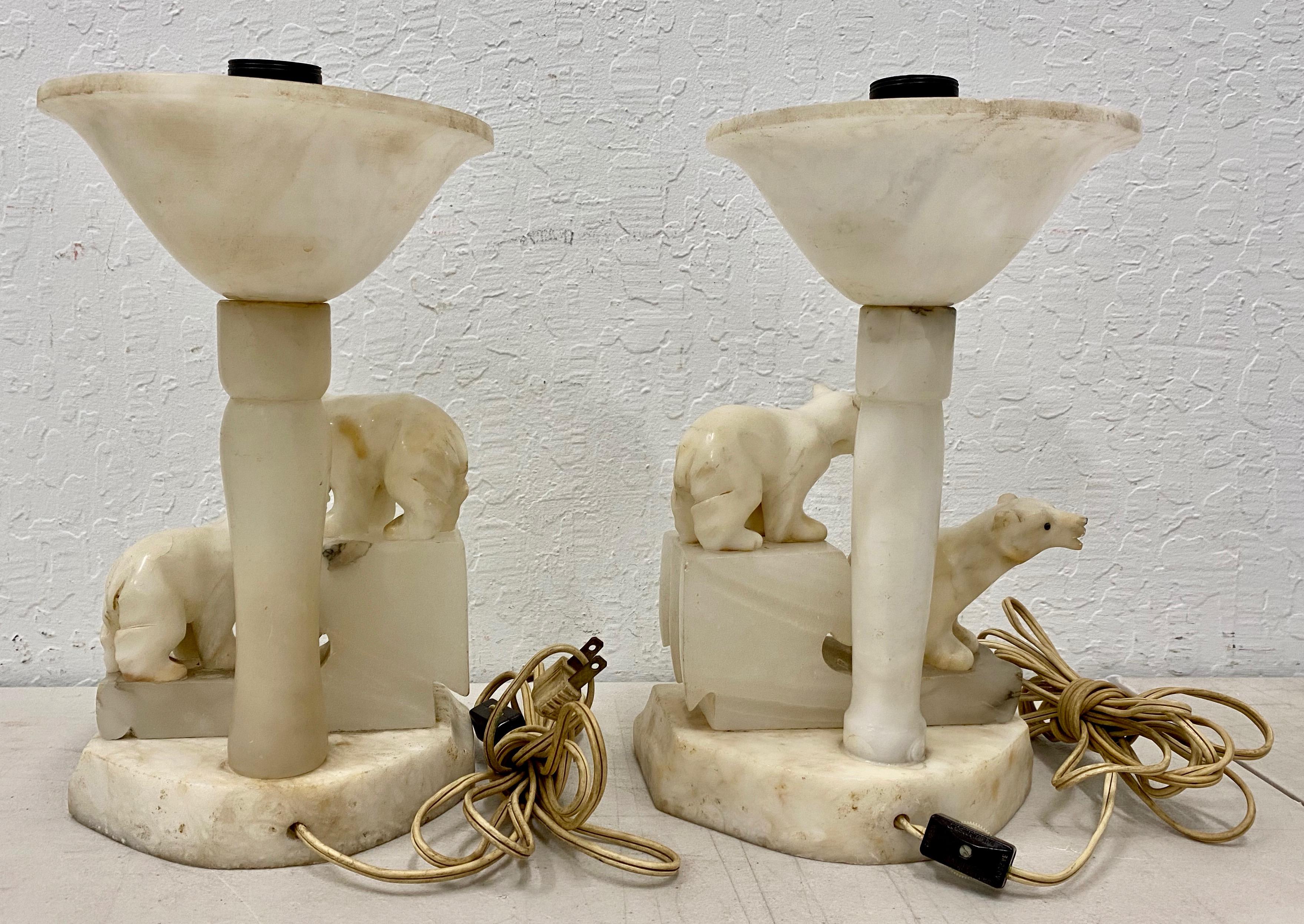 Hand-Carved Pair of Art Deco Alabaster Polar Bear Table Lamps, circa 1920s