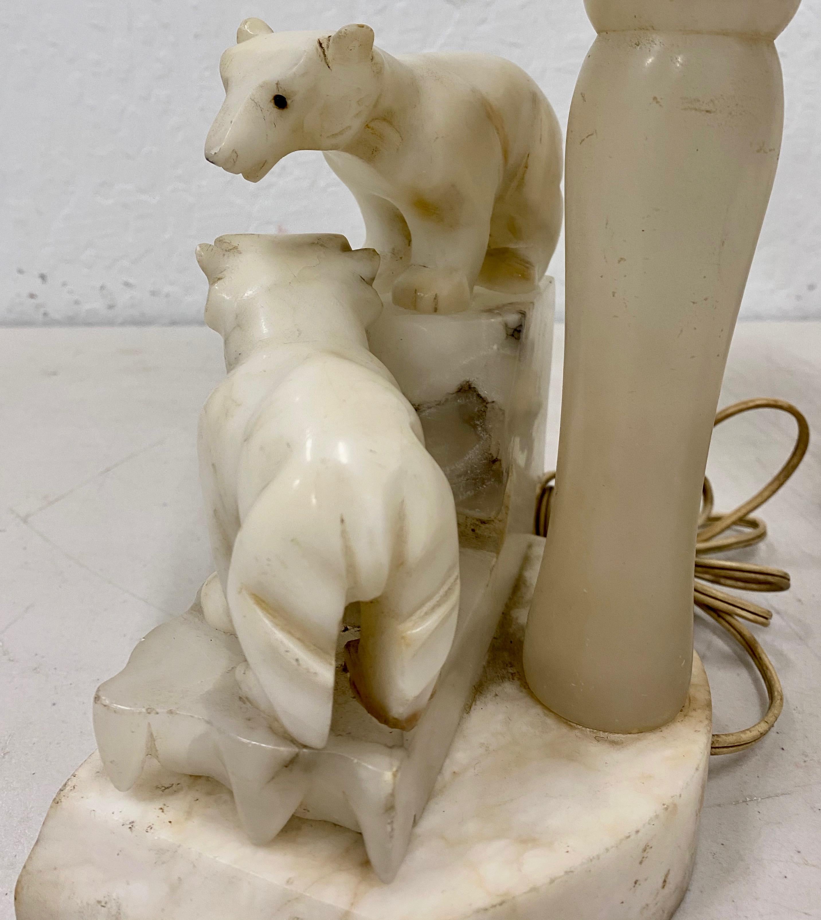 Pair of Art Deco Alabaster Polar Bear Table Lamps, circa 1920s 1
