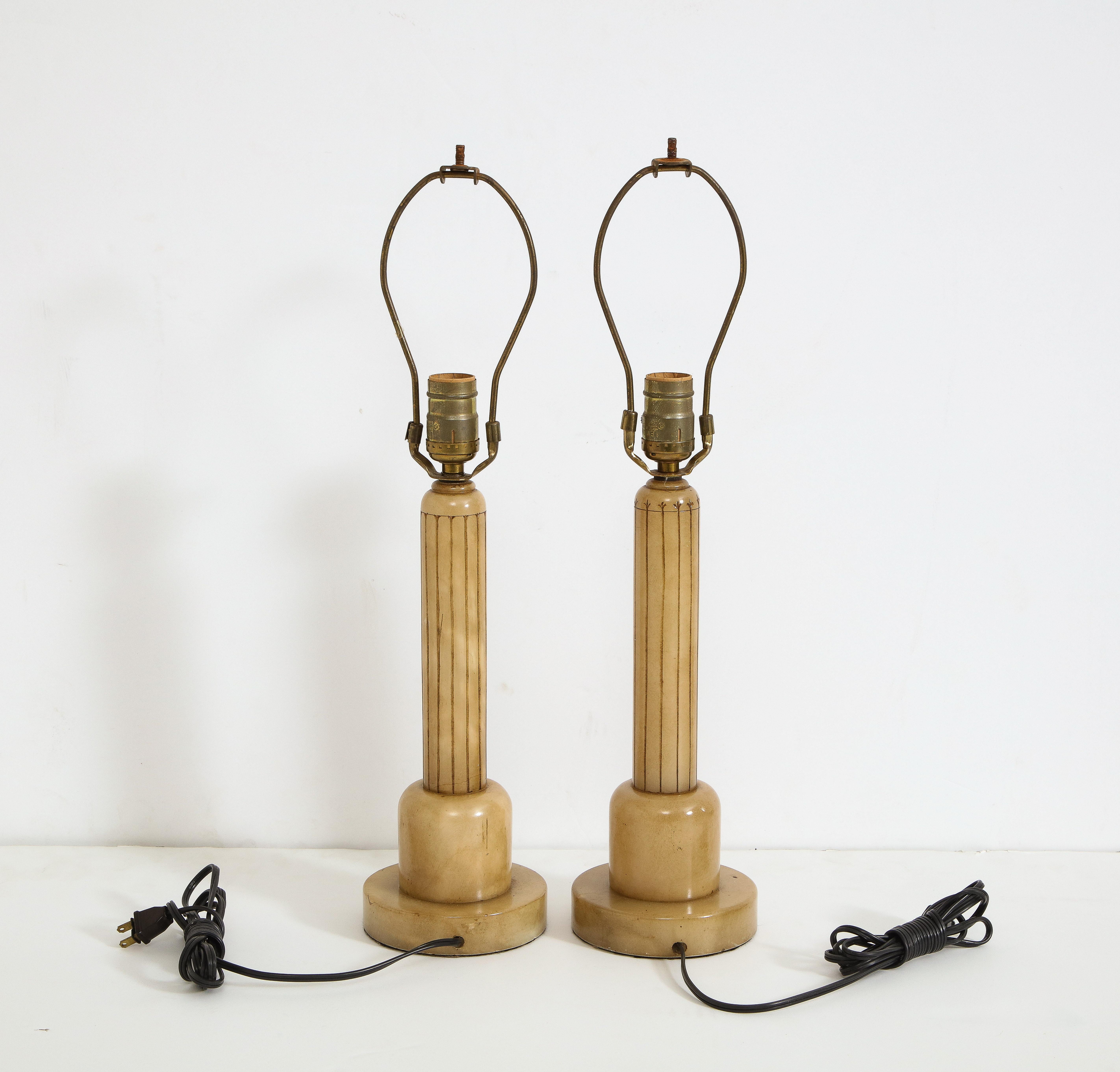 Pair of Art Deco Alabaster Table Lamps with Cream Pleated Shades, C. 1930s  In Good Condition In Chicago, IL