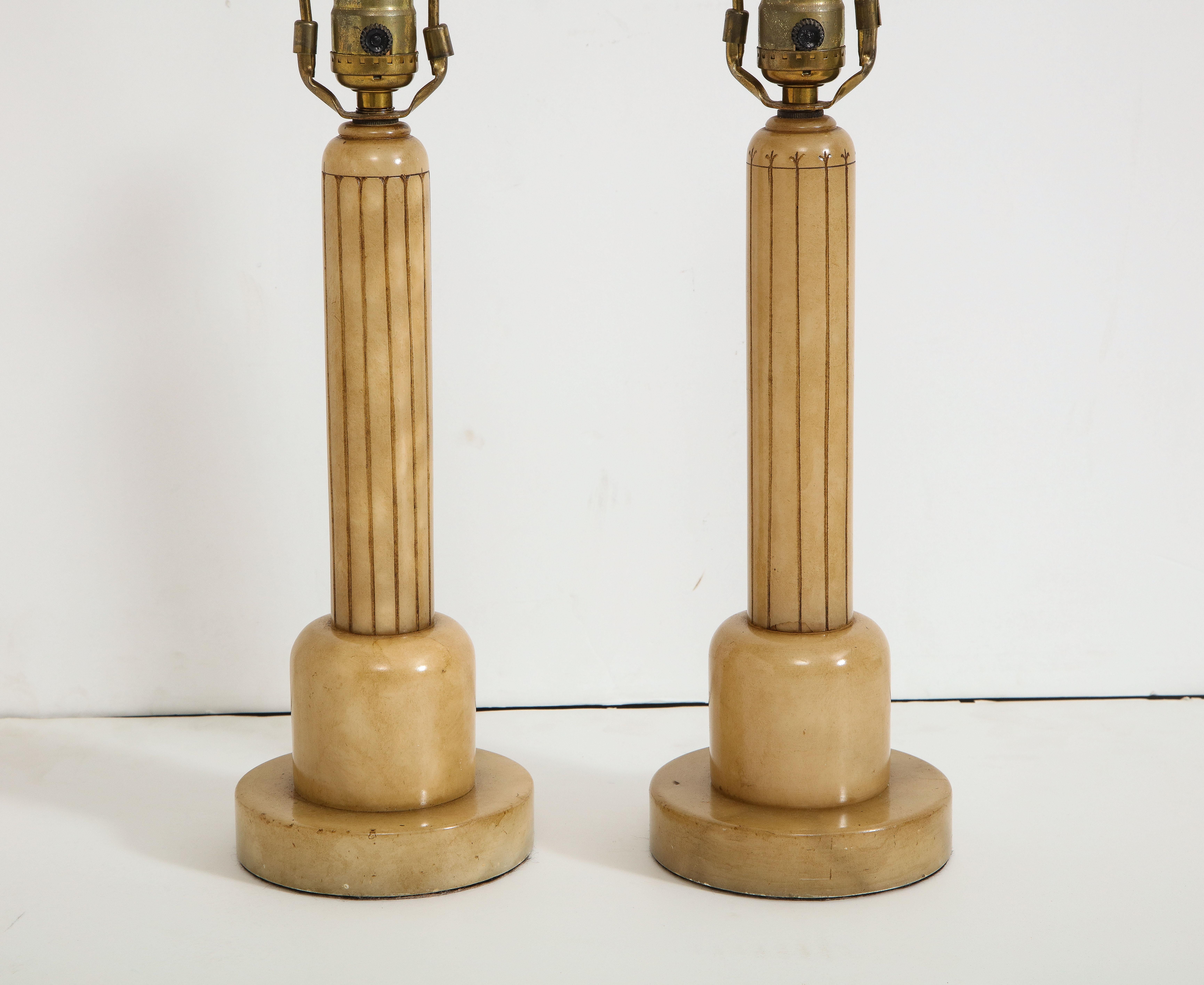 Mid-20th Century Pair of Art Deco Alabaster Table Lamps with Cream Pleated Shades, C. 1930s 