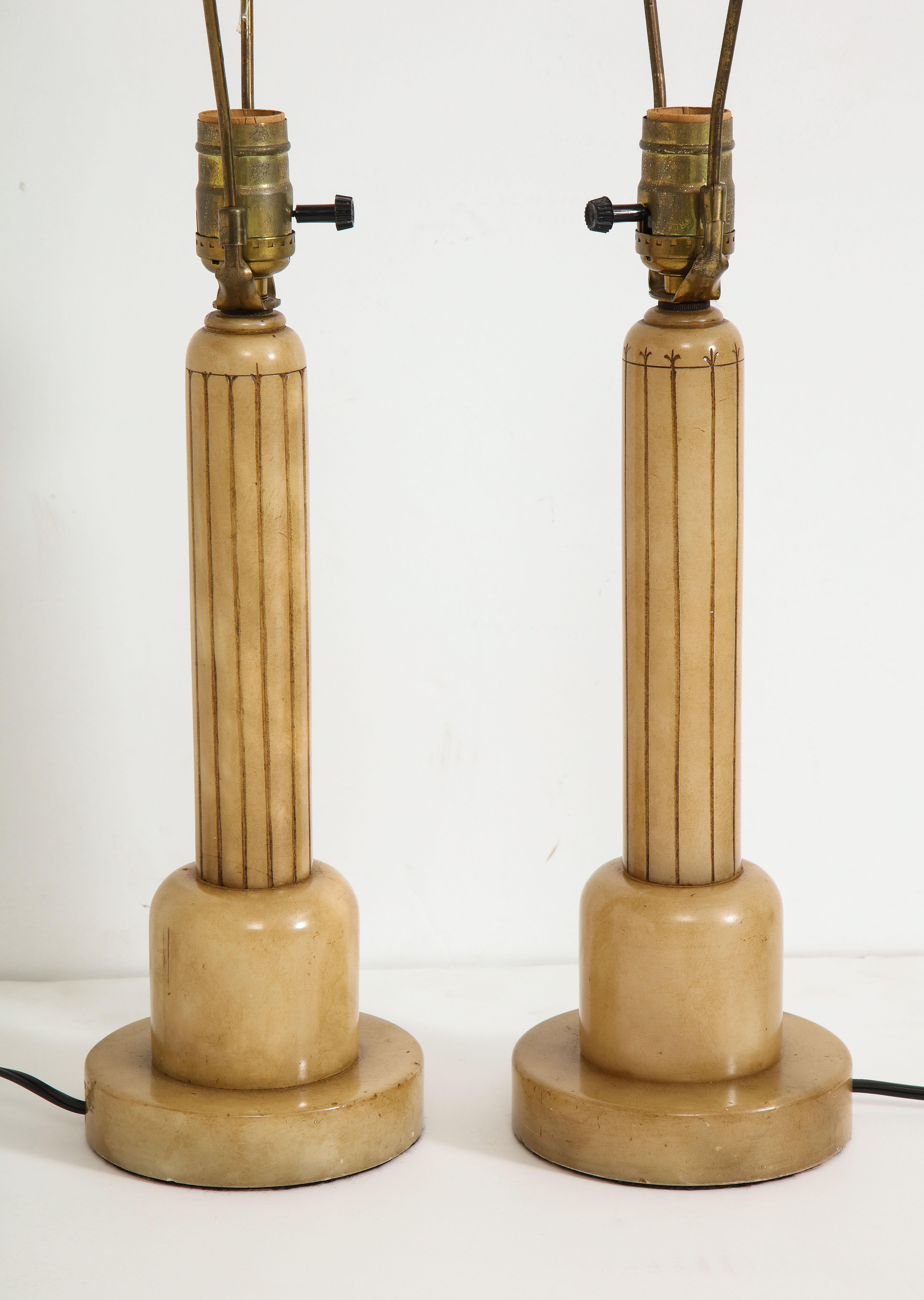 Pair of Art Deco Alabaster Table Lamps with Cream Pleated Shades, C. 1930s  1
