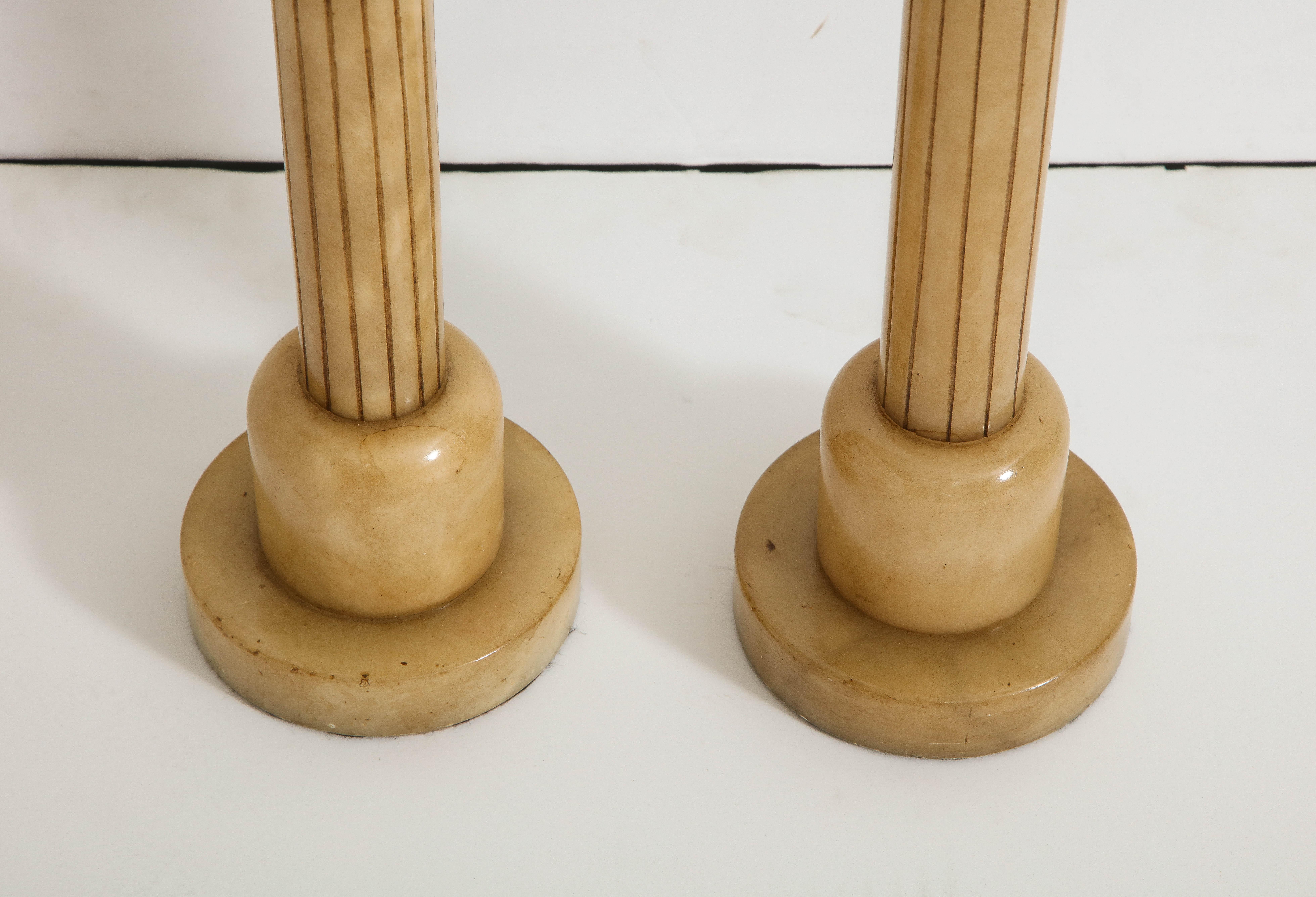 Pair of Art Deco Alabaster Table Lamps with Cream Pleated Shades, C. 1930s  2