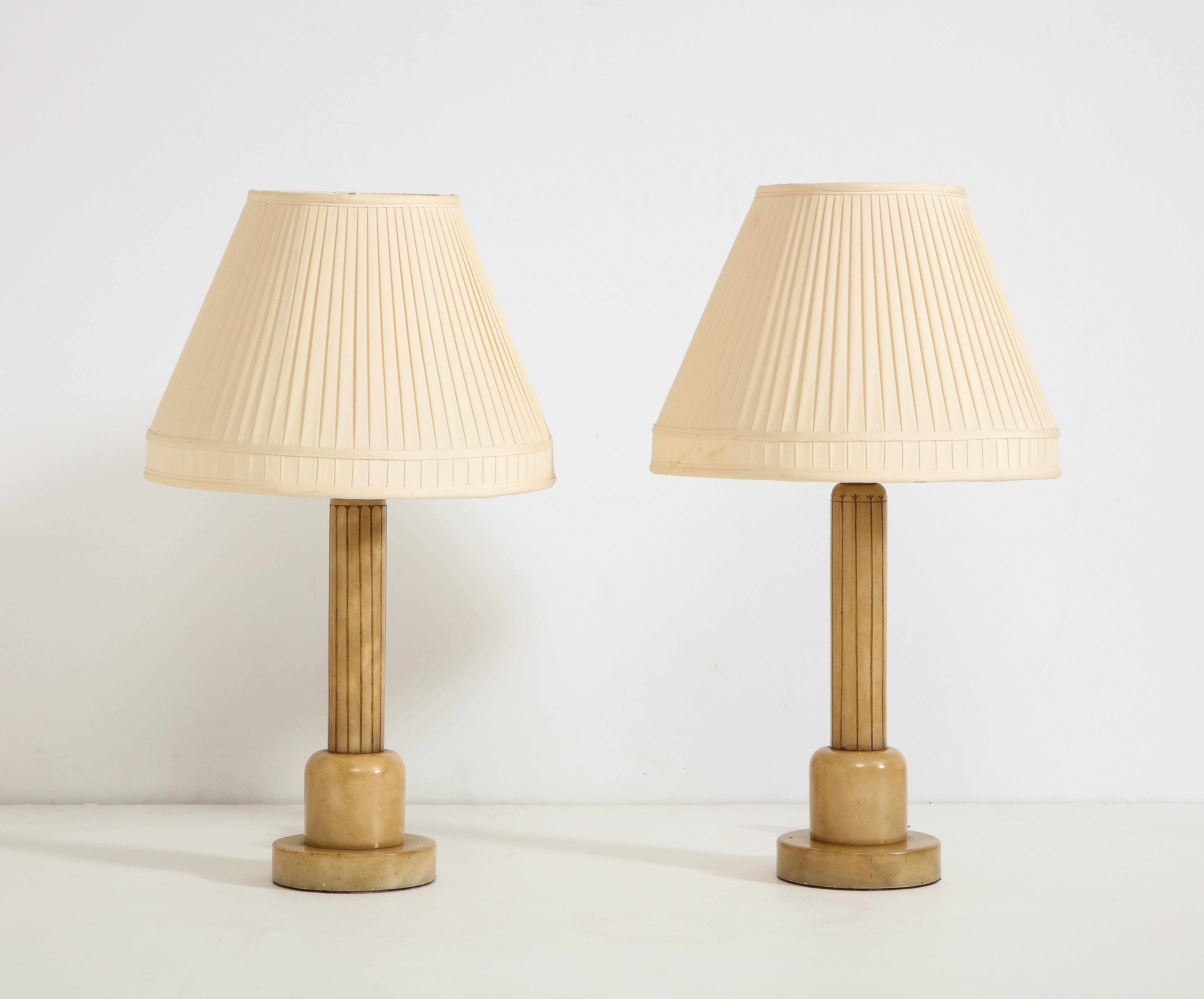 Pair of Art Deco Alabaster Table Lamps with Cream Pleated Shades, C. 1930s  4