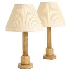 Pair of Art Deco Alabaster Table Lamps with Cream Pleated Shades, C. 1930s 