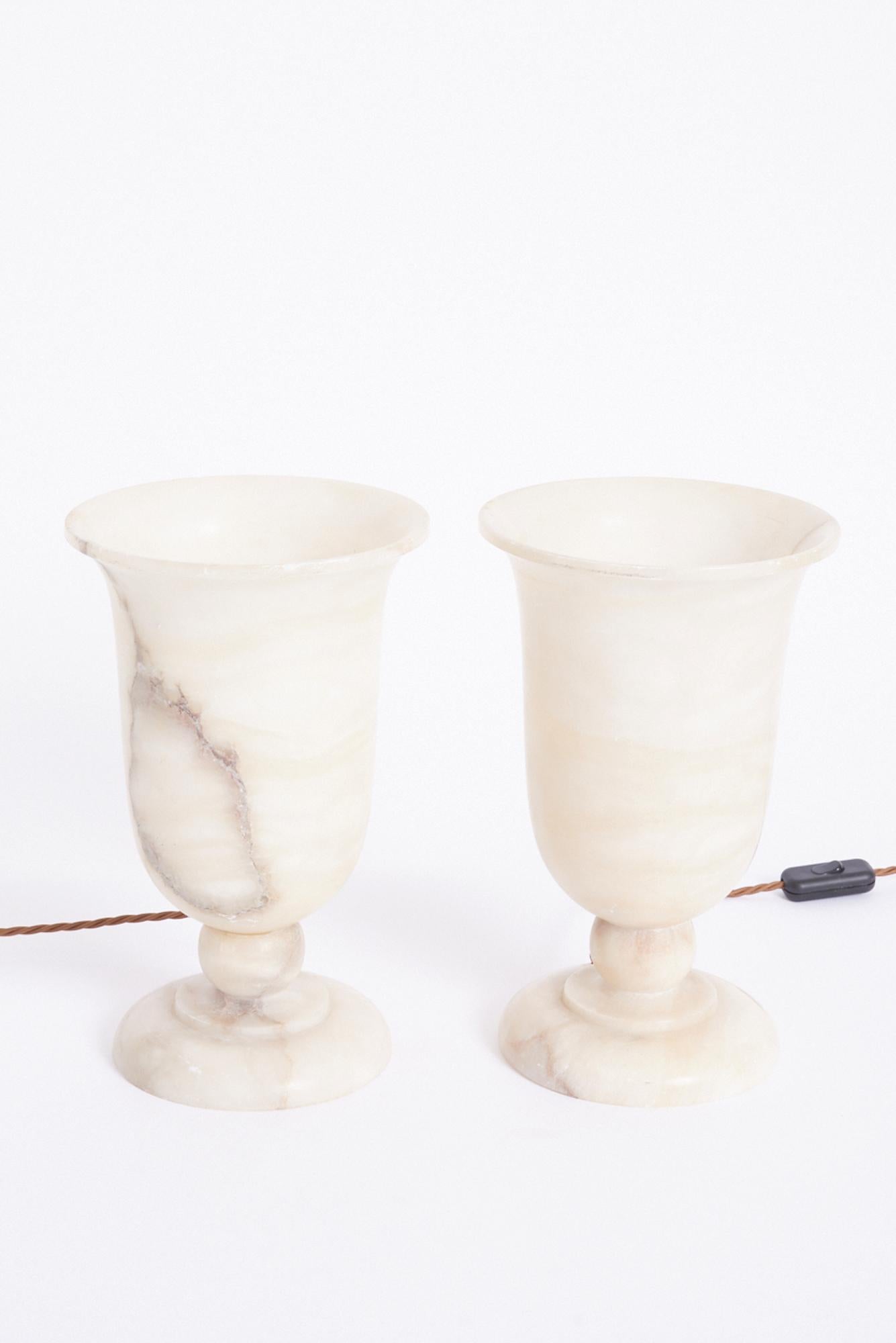 A pair of Art Deco alabaster urn table lamps
France, Circa 1930