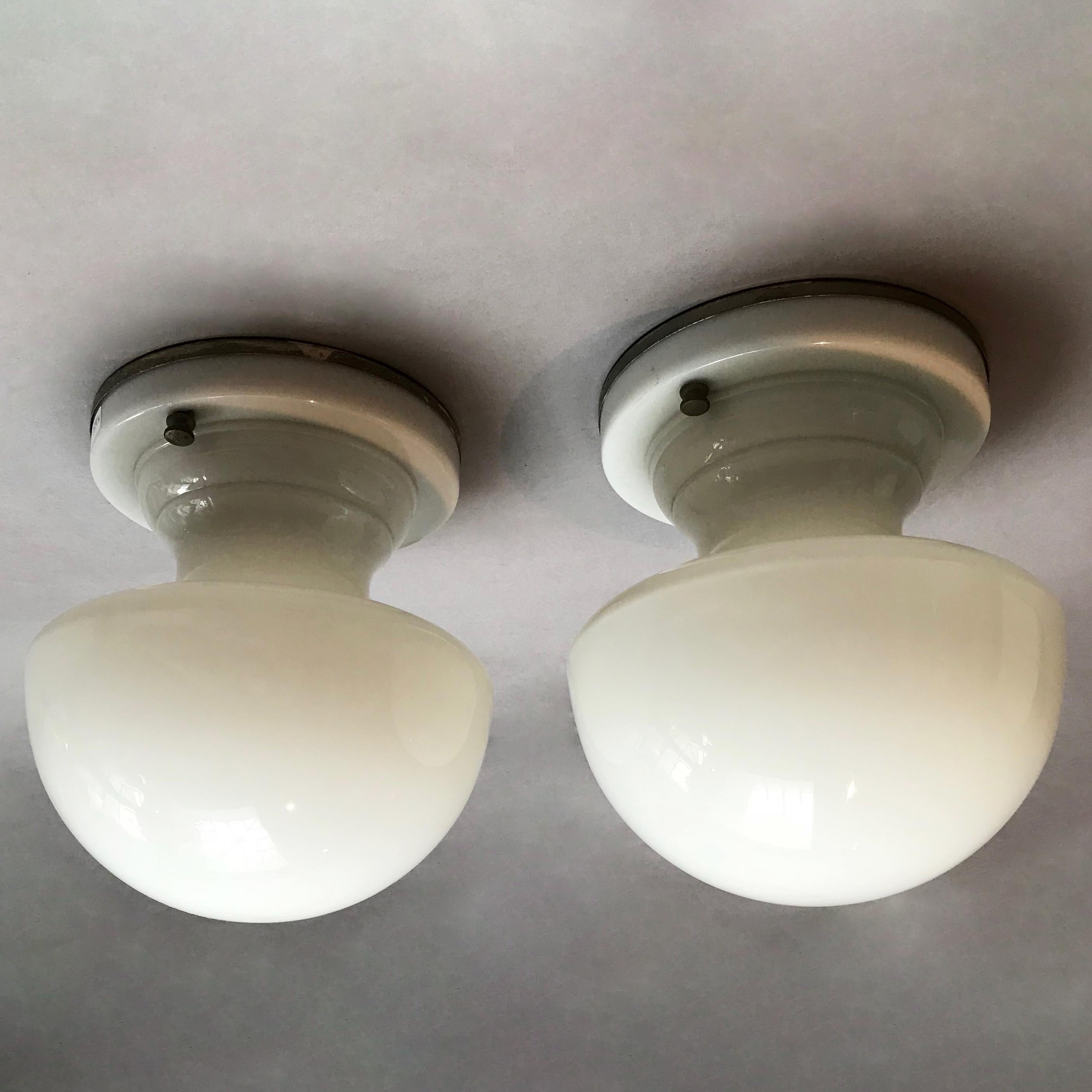 American Pair of Art Deco All Milk Glass Flush Mount Ceiling Lights