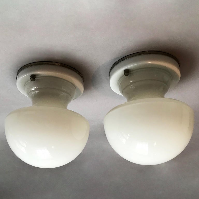 Pair of Art Deco All Milk Glass Flush Mount Ceiling Lights at 1stDibs
